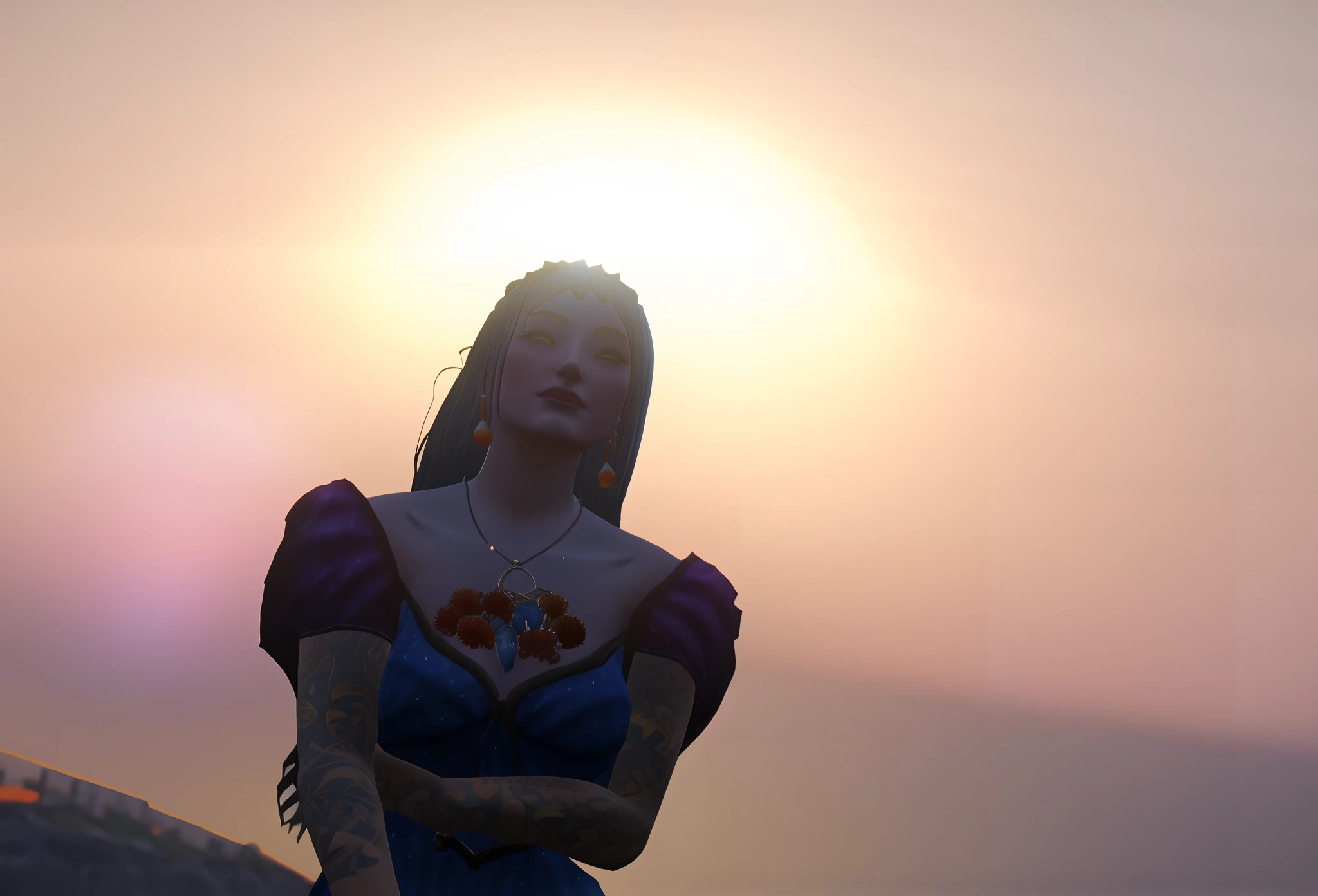 Arafed woman in a blue dress standing on a beach, Notan sol no fundo, in a sunset haze, with a sunset, sunset in the background, in the sunset, in the sunset, render de mirabel madrigal, with sunset, sun behind her, at sunset, looking at sunset, at a beautiful sunset, Avatar do Second Life