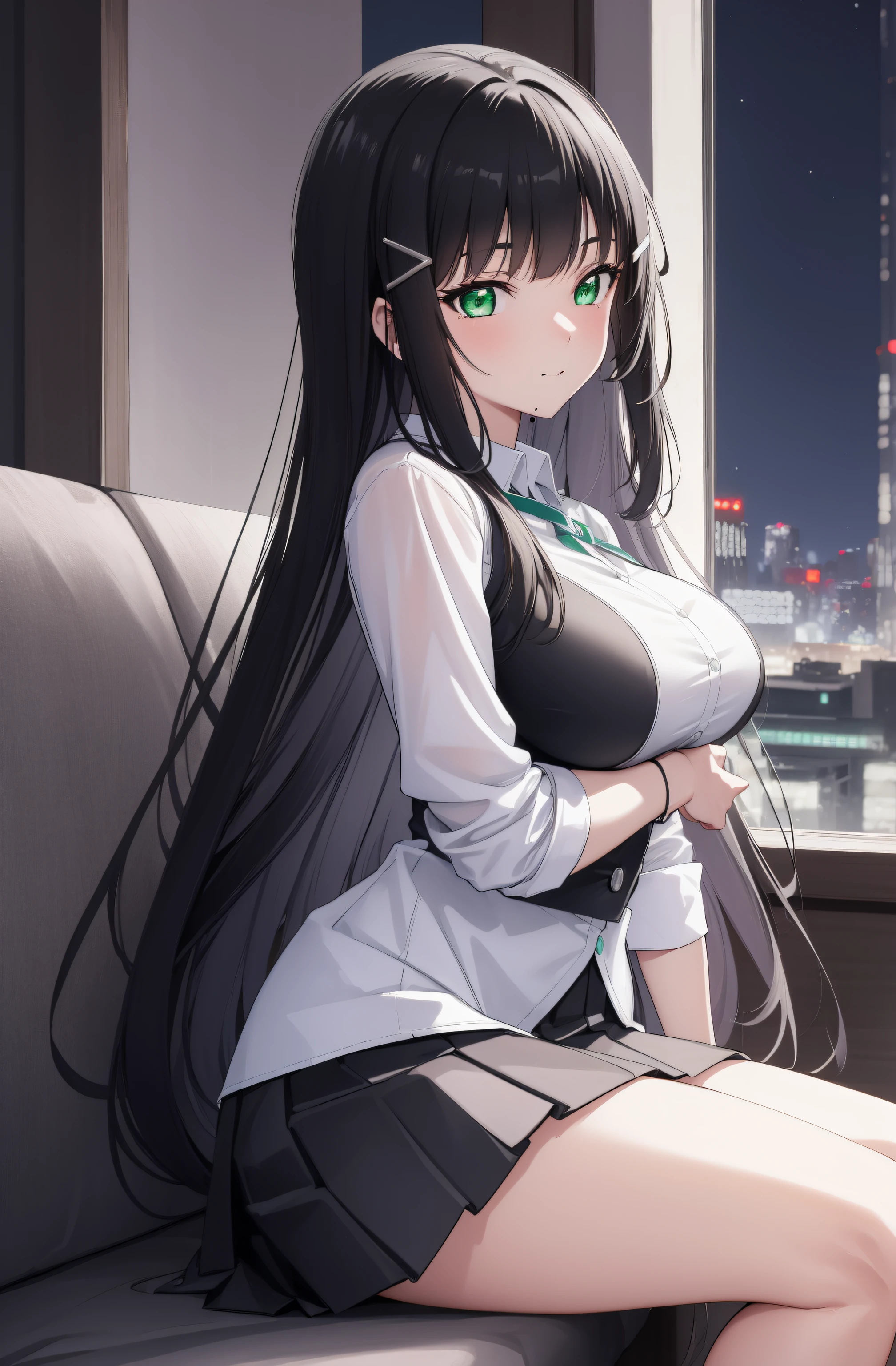 (Night:1.7), Cyberpunk_CityView, Before Window,
sitting at attention,sitting on couch,
school uniform, skirt, vest, yellow vest,
dia kurosawa, black hair, (green eyes:1.5), blunt bangs, grey skirt, hair ornament, hairclip, mole, mole under mouth, long hair,
1 girl, 20yo,young female,Beautiful Finger,Beautiful long legs,Beautiful body,Beautiful Nose,Beautiful character design, perfect eyes, perfect face,
looking at viewer, (innocent_big_eyes:1.0),(expressionless:1.3),seductive anime girl.teasing smile,
NSFW,official art,extremely detailed CG unity 8k wallpaper, perfect lighting,Colorful, Bright_Front_face_Lighting,
(masterpiece:1.0),(best_quality:1.0), ultra high res,4K,ultra-detailed,
photography, 8K, HDR, highres, absurdres:1.2, Kodak portra 400, film grain, blurry background, bokeh:1.2, lens flare, (vibrant_color:1.2)
(Beautiful,medium_Breasts:1.4), (beautiful_face:1.5),(narrow_waist),(perfect hands, perfect anatomy)