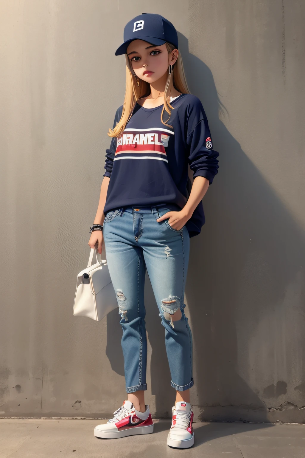 Cap doll, camisa branca, jeans and tennis pants