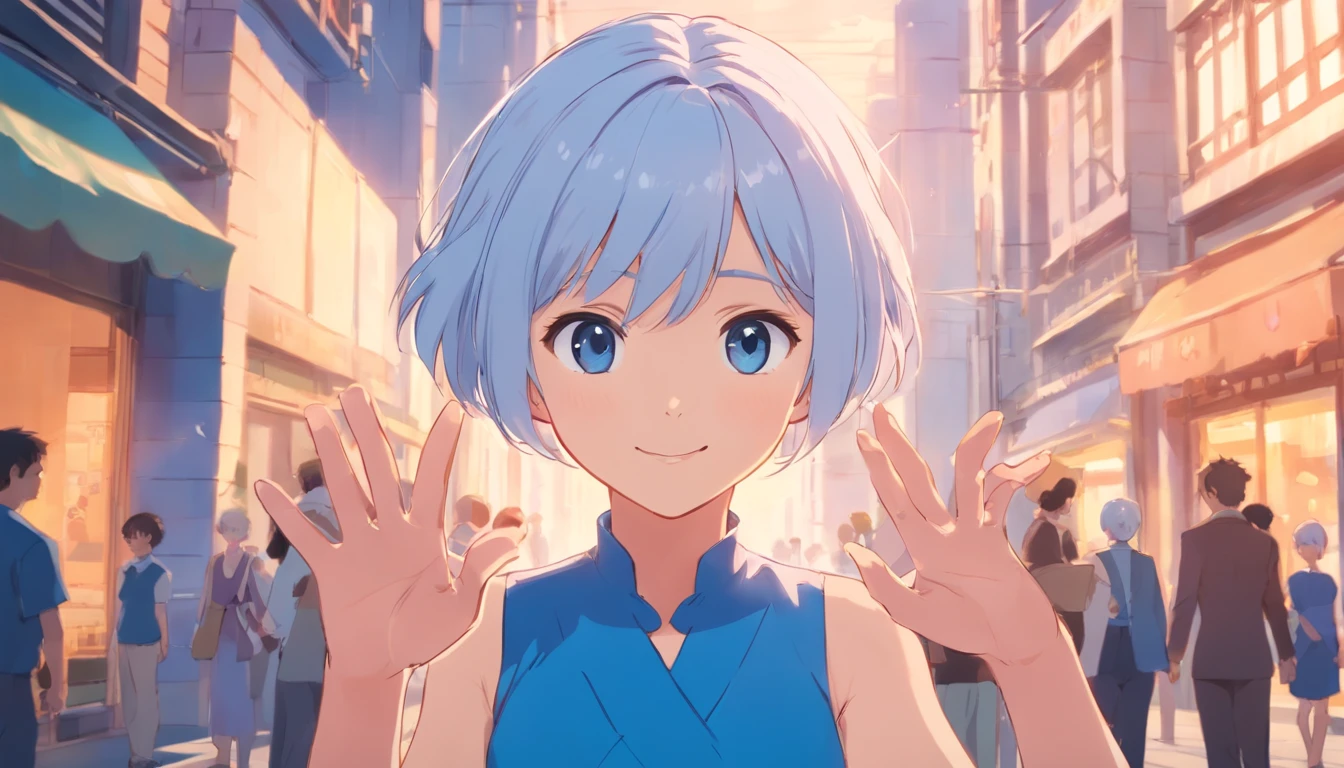 Young girl in blue dress, staring at camera, indigo eyes, smiling, hand waving at camera, fun background, cute face, white hair, kinda short hair