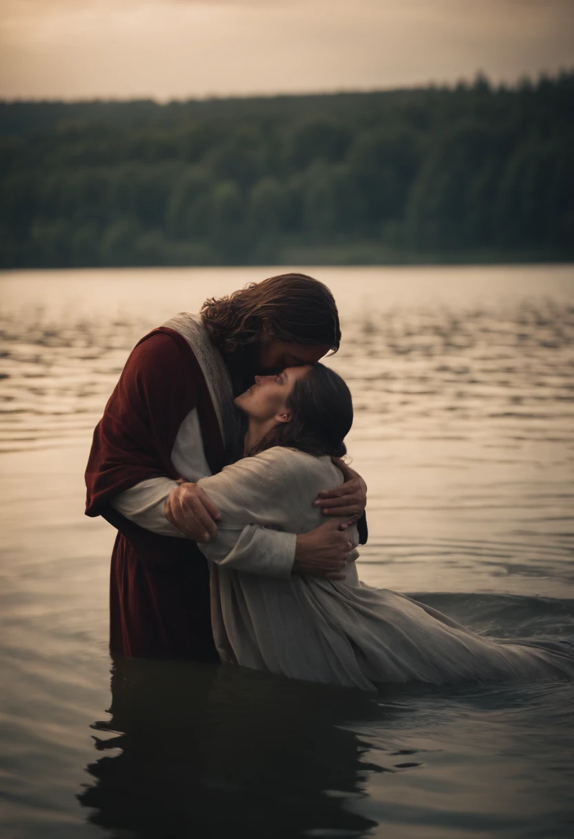Jesus Christ hugging people in a lake