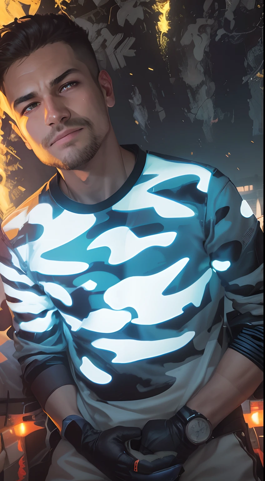 masterpiece, best quality, illustration, 1boy, underground street racing, oversized racing jacket, racing gloves, oversized clothes, car night, glow, glowing, close-up, smug, (smile:0.7), (from above:0.7)
