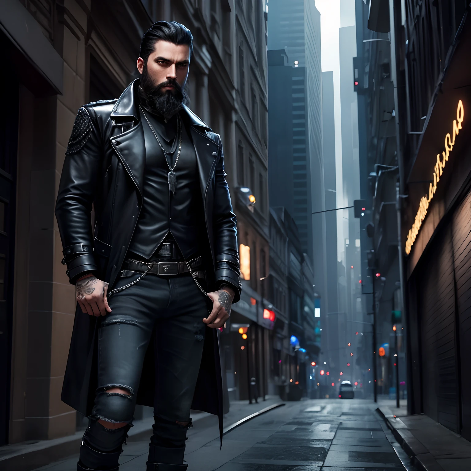 DreamShaper model is a brutal man with dark hair and a beard ((solo)) Dressed in a black gothic leather coat below the knees and blue jeans , Standing in full height against the background of the night city , His boots are visible , A thick silver chain around his neck is visible ,Front light.