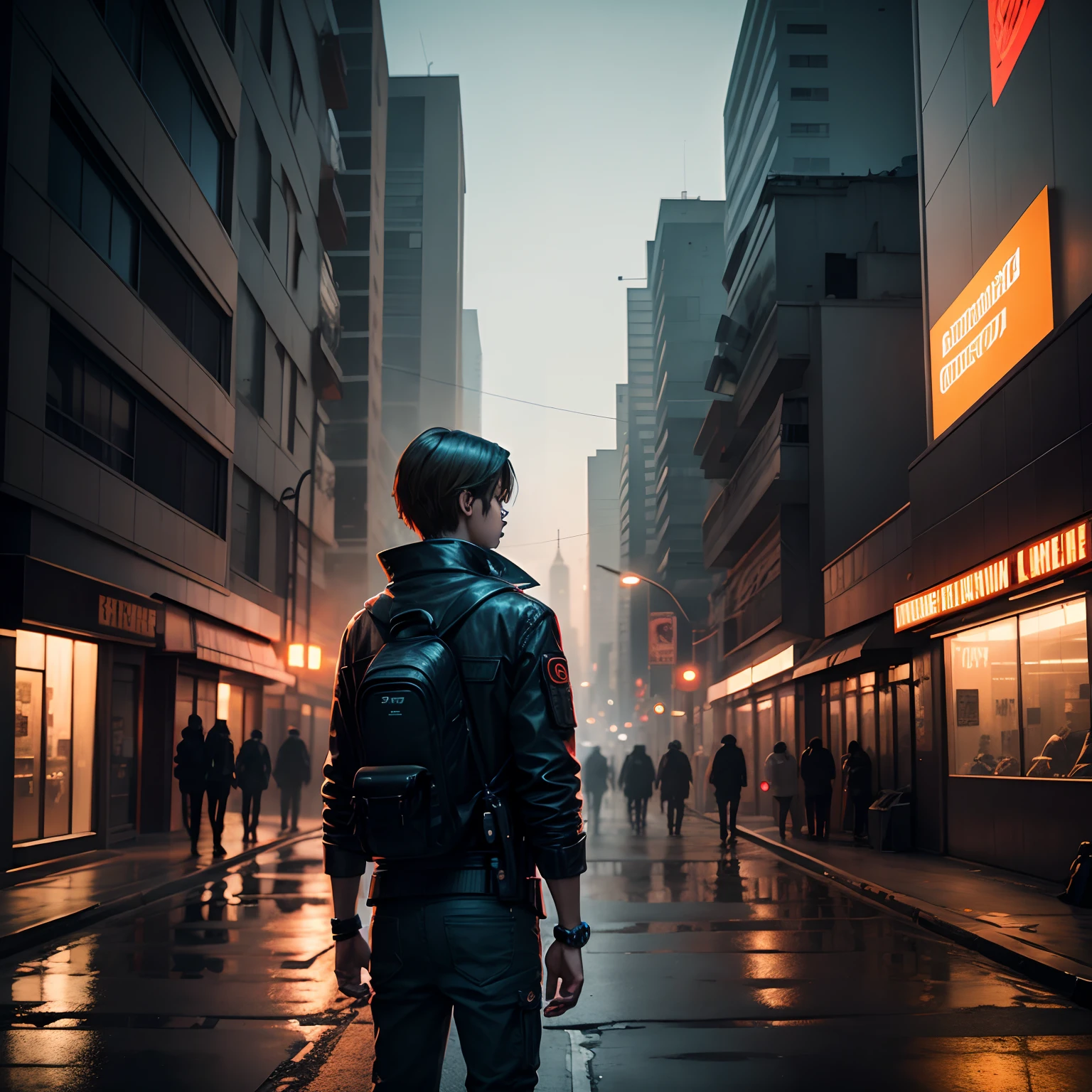 Alone boy look like leon kennedy ,Cinematography photography on street, watches an apocalyptic city, Neon dark dramatic illustration, SONY EOS DSLR camera salo image