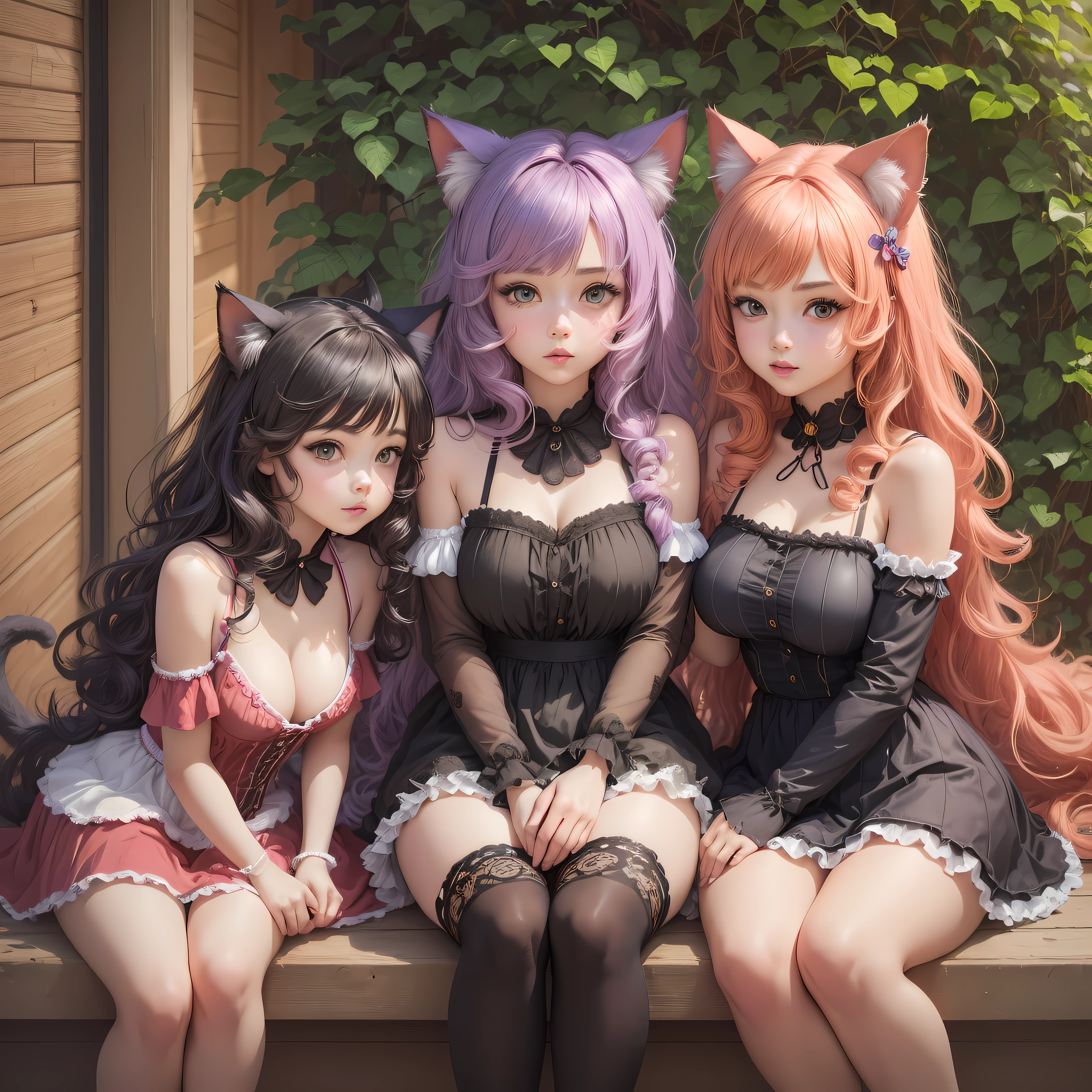 best quality Cat Girl Beauties, Multiple Girls, (Various Hair-styles:1.2), (Various Hair-colors), (Various Boob-Sizes), ((diverse and cute Attire:1.2)), Welcoming, Tail, Sisters, Parent and Child, Family-Portrait, Close Contact, Full-Body