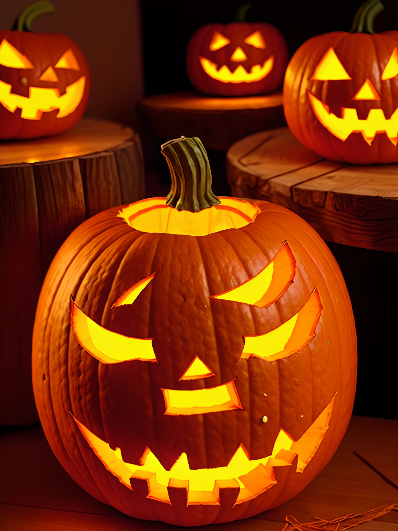 a close-up of a pumpkin with a lit candle in the middle, Halloween atmosphere, jack-o'-lantern,  cute, jack-o-lanterns, Bright pumpkins under a tree, Halloween Saints scene, Halloween theme, Halloween celebration, Halloween night, Spooky lighting, Halloween, profile picture, spooky filter, spooky Halloween Santos theme, terrified 