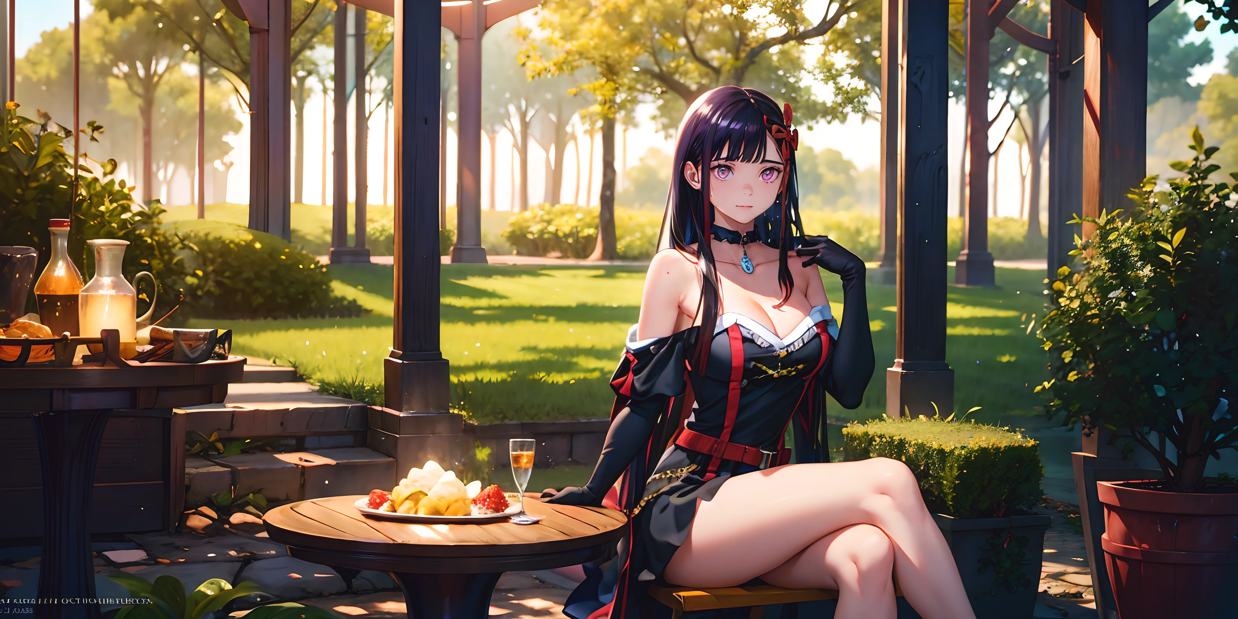 yamashiro768, (long hair, black hair:1.6), hair ornament, purple eyes, sweating, breasts, 1girl, gloves, dress, cleavage, bare_shoulders, looking_at_viewer, large_breasts, black_gloves, sitting, black_dress, collarbone, side_slit, solo, jewelry,   choker, tree, crossed_legs, strapless, thighs,  outdoors, glow effects, godrays, Hand drawn, render, 8k, octane render, cinema 4d, blender, dark, atmospheric 4k ultra detailed, cinematic, Sharp focus, big depth of field, Masterpiece, colors, 3d octane render, 4k, concept art, trending on artstation, hyperrealistic, Vivid colors, extremely detailed CG unity 8k wallpaper, trending on CGSociety, Intricate, High Detail, dramatic"",