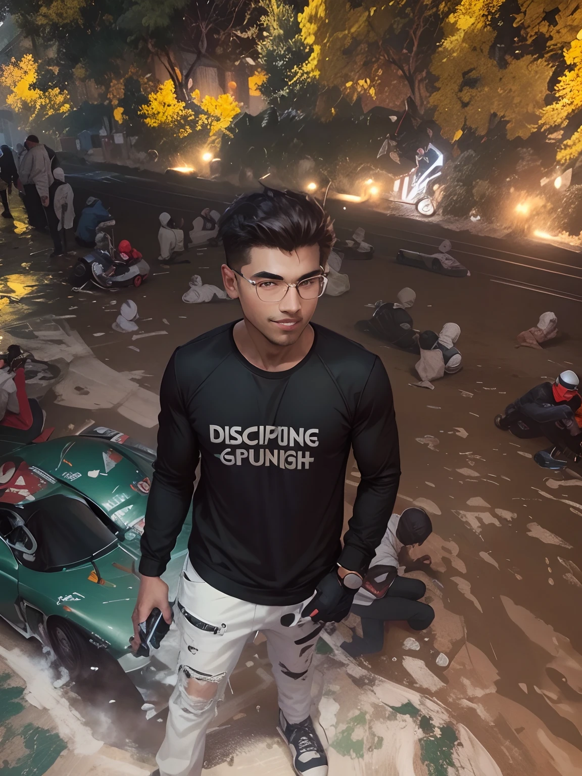 masterpiece, best quality, illustration, 1boy, underground street racing, oversized racing jacket, racing gloves, oversized clothes, car night, glow, glowing, close-up, smug, (smile:0.7), (from above:0.7)