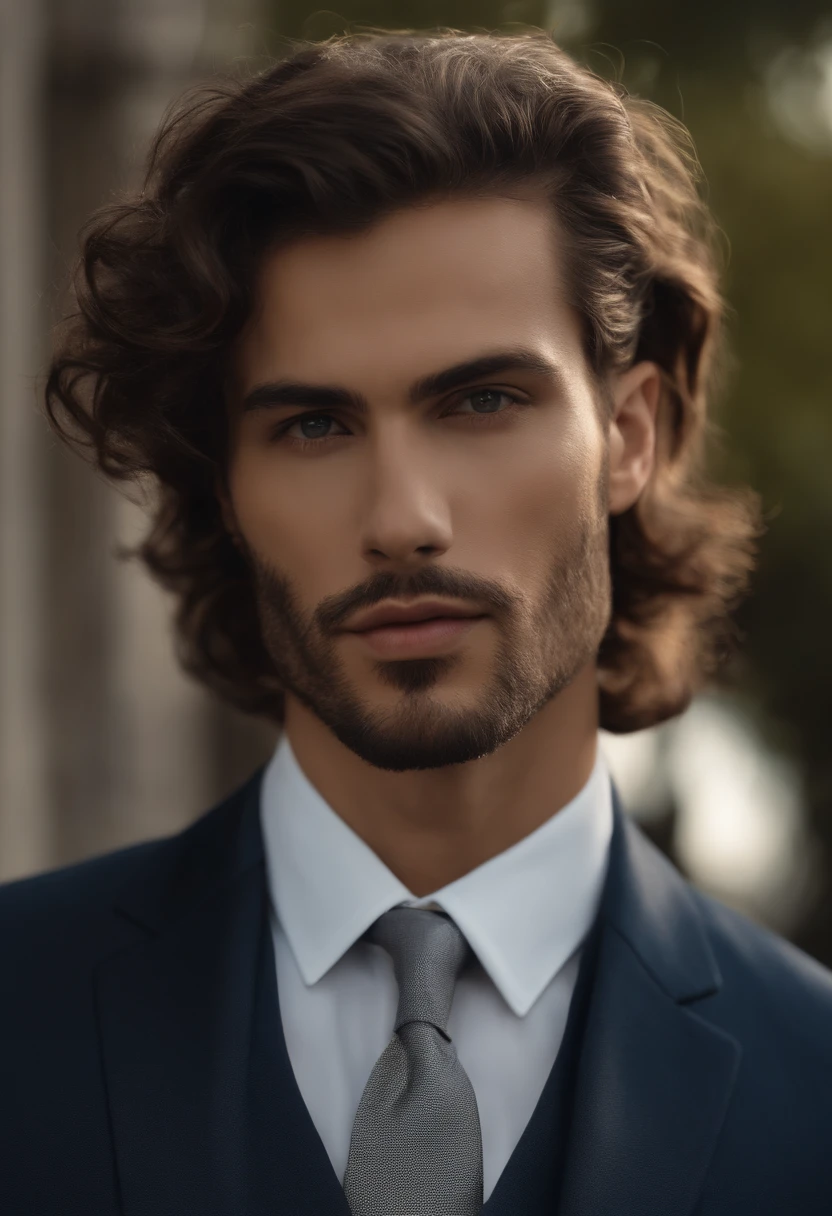 corps entier, Almost frontal realistic photo of handsome man's body, photo realist, Grand, en forme, 3 piece suit (30 ans:1.1), (barbe normal:1.2), (cheveux bruns courts :1.5),(cheveux courts, Clear hair:1.6). Bodycon suit in dark blue, veste ouverte, main baland:1.3). (posing outside a mansion), Cold and dark sunset at dusk, (Edge Light:1.1),(Concentrez-vous sur les yeux bleu), (Regard fier), (hard light on the skin:1.2), (ombres dures, dark themed, Contraste profond:1.1), Dark mint theme and choral aesthetics, (skin imperfections)