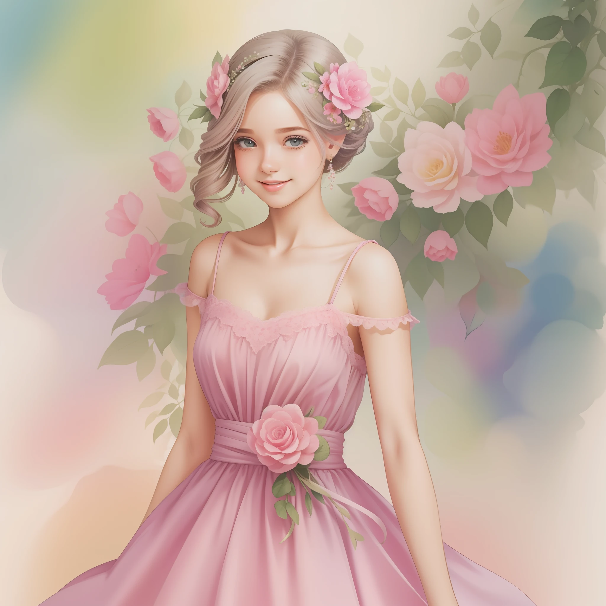 Cute Illustration Clipart (Menina fofa no estilo sara kay) em alegre, Light Pastels, estilo Sara Kay, aquarela e flores, pastel-hued,fundo branco, qualidade perfeita, Ultra resolution, imagem 300 dpi, alta resolução, 16 mil, A very high-resolution image