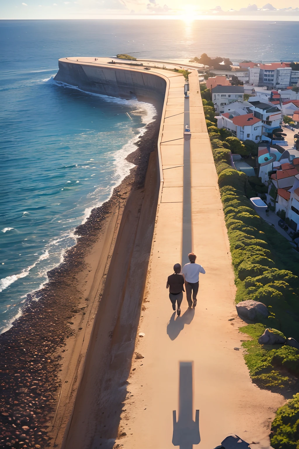 Uma paisagem de um espeto costeiro no fundo. A meeting of a young romantic couple of a white man and a black woman of the black race. They run to each other with open arms. They are located at the top of a coastal spike, com um piso de concreto e pedras em ambos os lados. Ao fundo, The metal railing that protects from rocks and the sea;. On the horizon a sunset and seabirds.