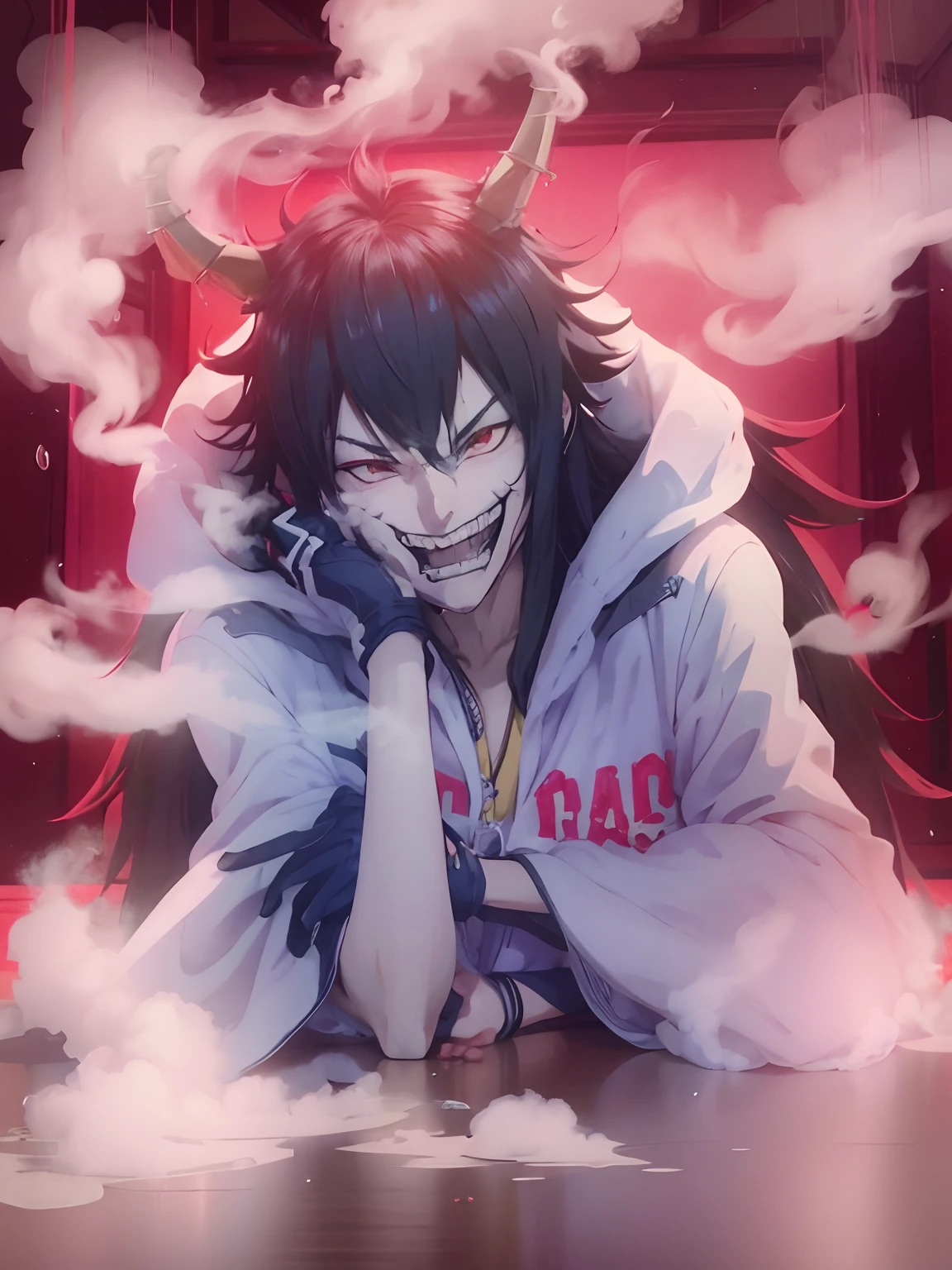 anime boy with extreme long black hair and horns in a red and black outfit, otaku, joker looks like naruto, hajime yatate, norihiro yagi, fujita goro!, choke smirk smile grin, in no game no life, wataru kajika, gas, boku no hero academia style, misato katsuragi, pale white skin, gas clothes, smoke clothes