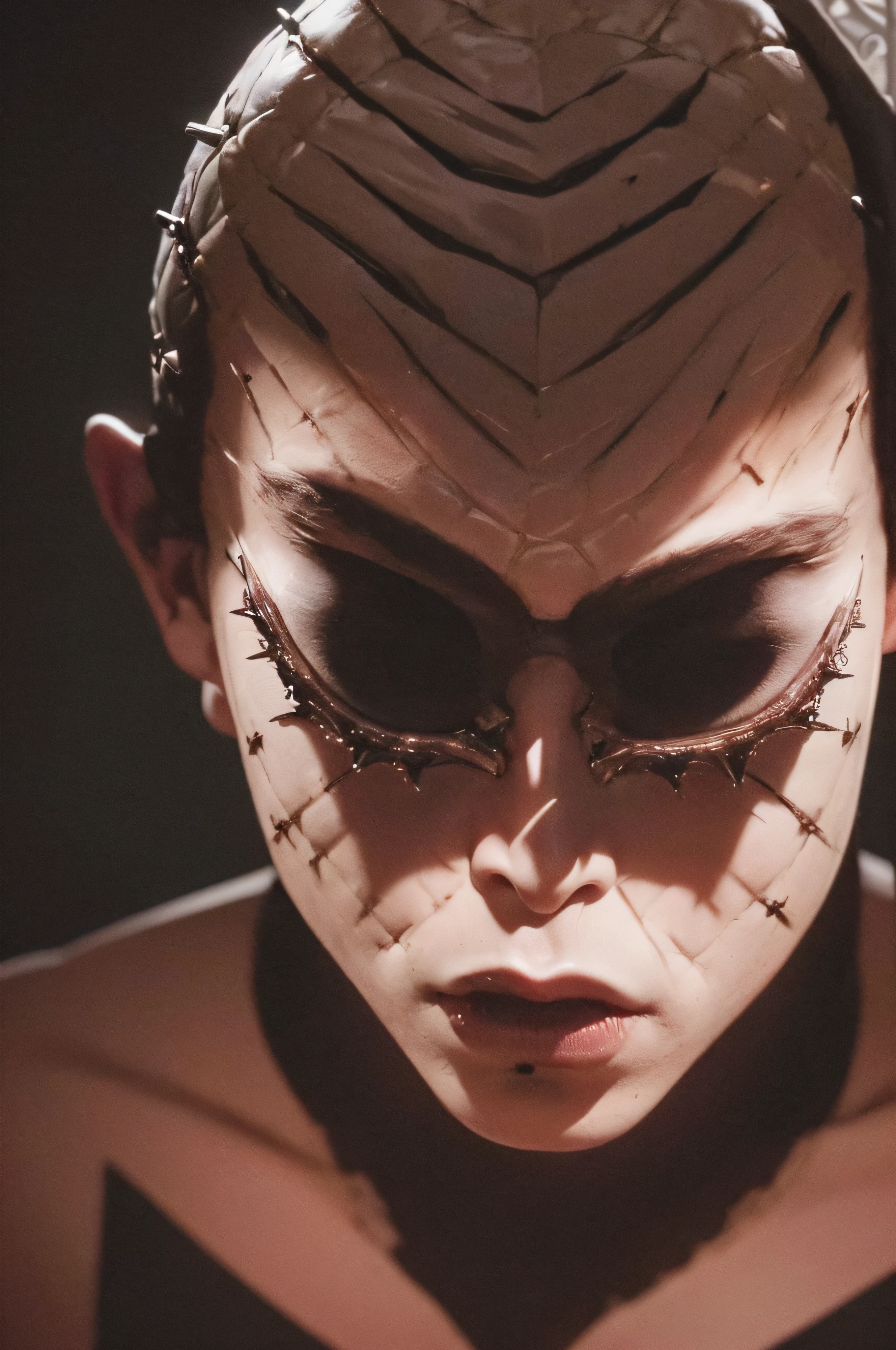 "(The best lighting, oscuro, dramatic),(feto calavera alien, Hellraiser, Cicatrices, , sexy, cerebro, sangre, una rata dentro de la cabeza, terror.),(ojos rojos, calaveras). morning light.