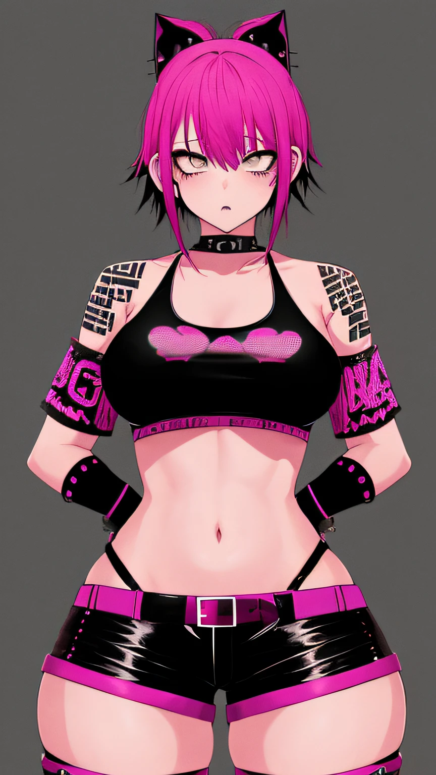 1girl, (punk:1.2) punk bad girl, (hands:0.9) (behind back:1.1), wide hips, thick thighs, flat chest, no breasts, (muscular legs:0.6), full-body view, (head out of frame), vividly colorful, dynamic pose, cowboy shot, (highres, absurdres:1.2), To8contrast style