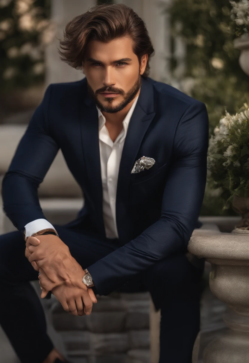 corps entier, Almost frontal realistic photo of handsome man's body, photo realist, Grand, en forme, 3 piece suit (30 ans:1.1), (barbe normal:1.2), (cheveux bruns courts :1.5),(cheveux courts, Clear hair:1.6). Bodycon suit in dark blue, veste ouverte, main baland:1.3). (posing outside a mansion), Cold and dark sunset at dusk, but my original face