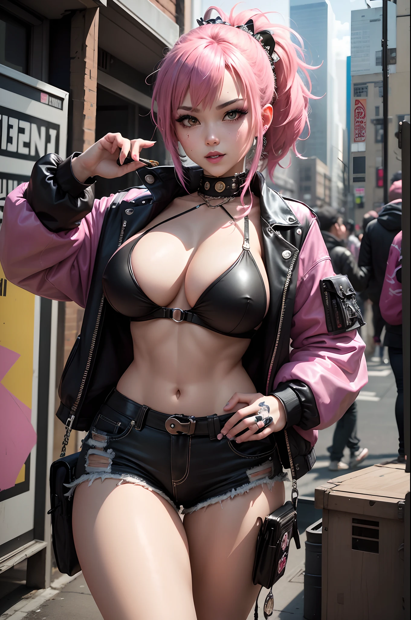 (8K,masuter piece:1.2、top-quality)、(Live action、Intricate details)、(1 milf、独奏、The upper part of the body、Colossal tits) Pink Cyberpunk Costume、enticing　Avant-garde、Experimental appearance: Pink ponytail、real looking skin　Dramatic makeup、: enticing,Sexy costume,Pink shorts,Anti-system、Provocative Location: urban art district、A smile　Underground Music Scene Hobbies: Take part in punk shows、Create mixed media art、Experiment with different subcultures values: individuality、authenticity、Creative Expression Inspiration: Punk rock music、Counterculture icons、avant-garde art movements Personality traits: boldness、boldness、Unconventional。