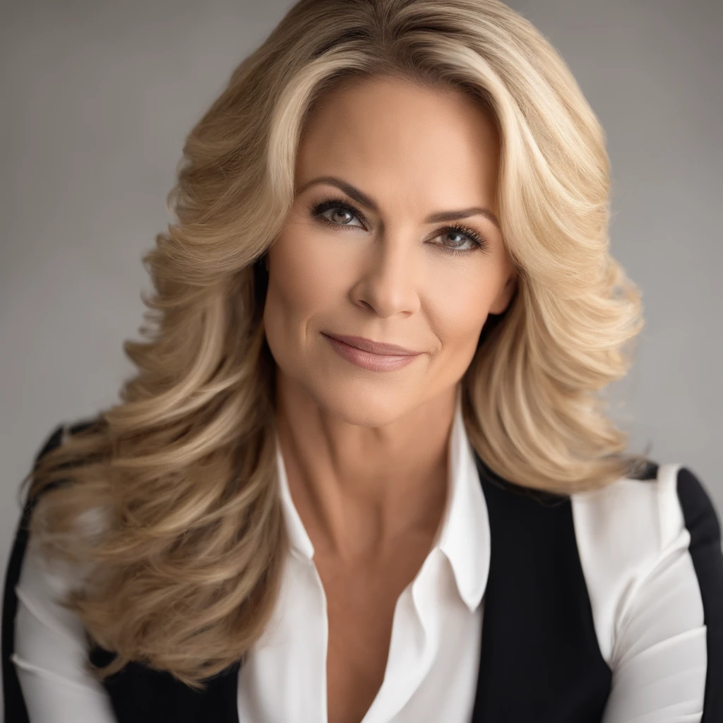 professional portrait,female,brazilian,blonde hair,47 years old,suit,neutral background,Pose:head and shoulders,professional headshot