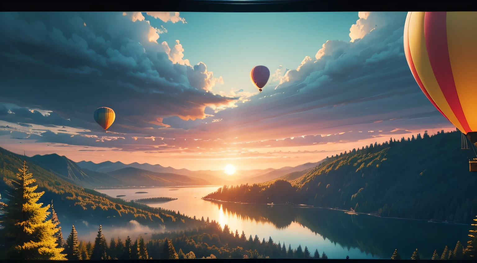view many birds flying next a Air yellow balloon, close up, back lens, Pixar Movie Style, best quality, Cinematic Movie Still, very cute, amazing forest, lake on ground, mountains on horizon, amazing sunset