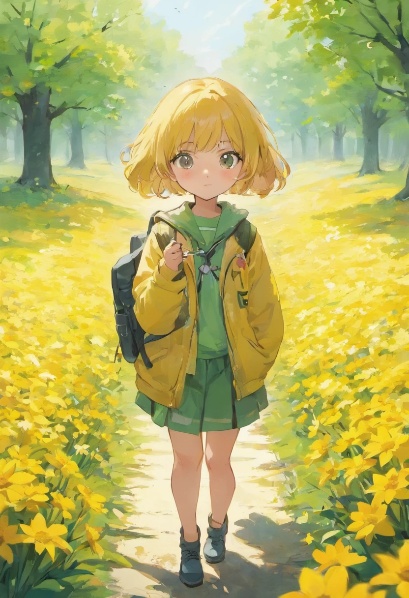 Tip: A very charming  girl with a backpack and her cute puppy enjoying a lovely spring outing surrounded by beautiful yellow flowers and nature. The illustration is a high-definition illustration in 4k resolution, featuring highly detailed facial features and cartoon-style visuals.