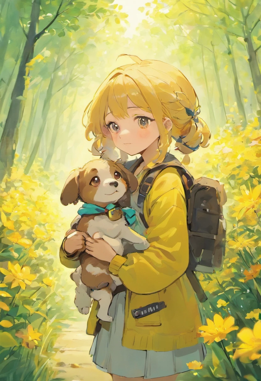 Tip: A very charming with a backpack and her cute puppy enjoying a lovely spring outing surrounded by beautiful yellow flowers and nature. The illustration is a high-definition illustration in 4k resolution, featuring highly detailed facial features and cartoon-style visuals.