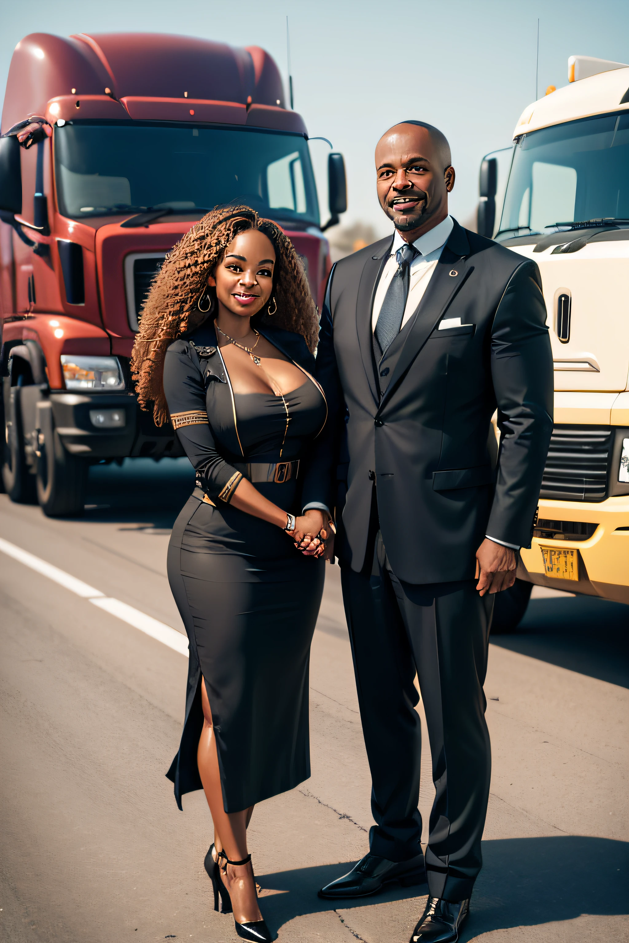 Transportation contracts and agreements for road carriage, happy black business man and woman standing next to fleet of trucks shaking hands, 4k, realistic