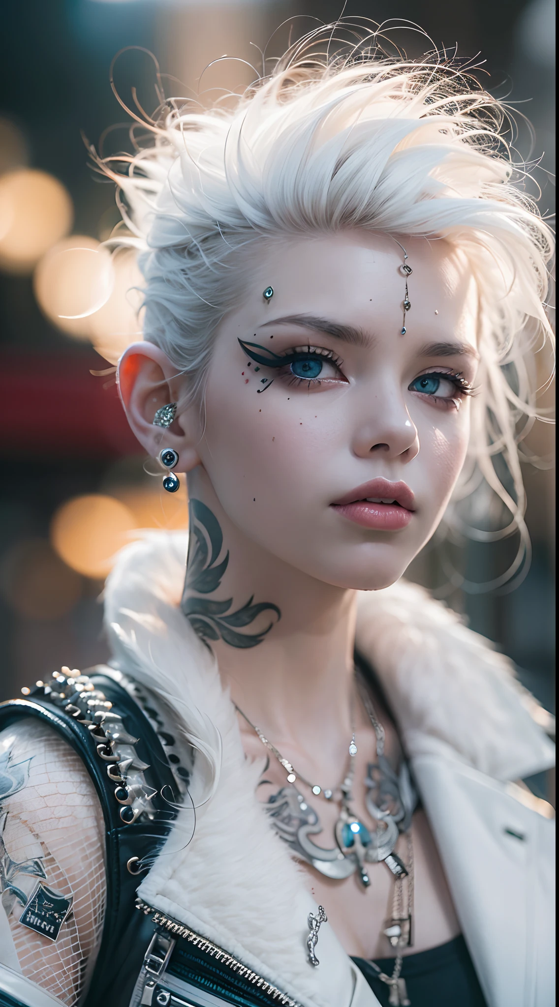 The prompts for the first theme are as follows:
"(Best Quality, 8K, 32K, masutepiece:1.3), Ultra-detailed, (Photorealistic:1.4), white colors, albino, Punk Girl, Detailed eyes, Upper body, Luxurious punk hair, Edgy punk fashion, Avant-garde makeup, Numerous piercings, Heavily tattooed body, Street background, Backlight effect, Shallow depth of field, Blurry background"