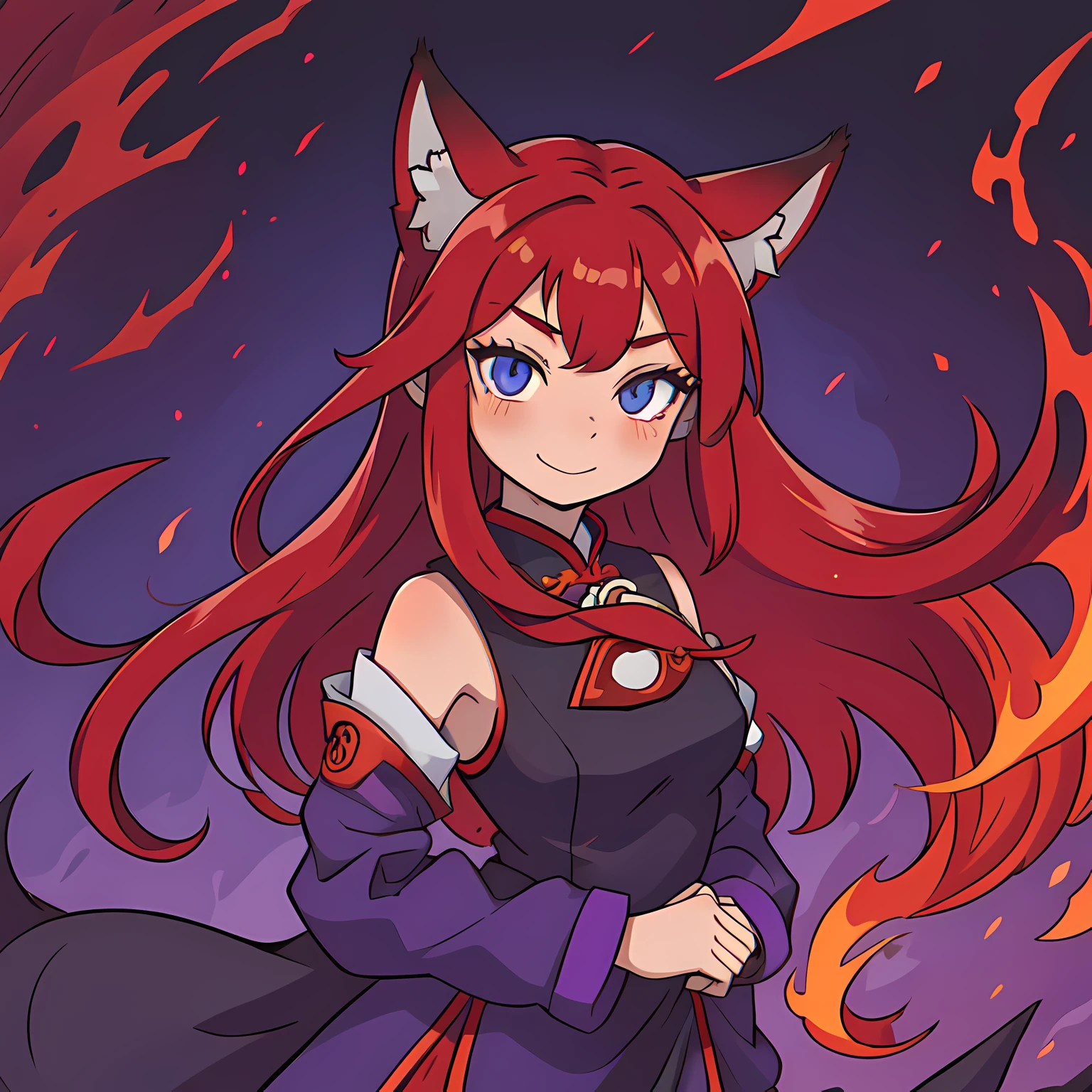 solo woman, kitsune woman (red skin), (blue eyes), fox ears (red ears), long hair, inner hair, (red hair), fox tail, (red tail), shy face, light smile, (purple and black clothes), QIPAO dress whit flounce,