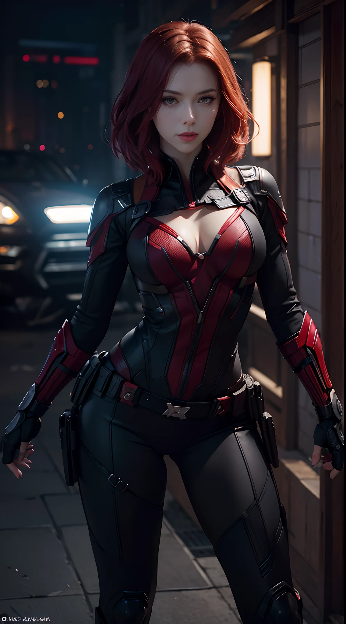 1girl, Full body shot, Natasha Romanoff style of the Black Widow (from marvel studios) costume, medium breasts, smile, standing with style, random pose, (random angles), (masterpiece, best quality, detailed skin texture, detailed cloth texture, beautiful detailed face, intricate details, ultra detailed),  Short red hair,  (Best quality, A high resolution, Photorealistic, primitive, 8K,Masterpiece, ),Best quality, Masterpiec8K.hdr. High ribs:1.2, filmgrain, Blur bokeh:1.2, Lens flare, (vivd colour:1.2), (Delicate),