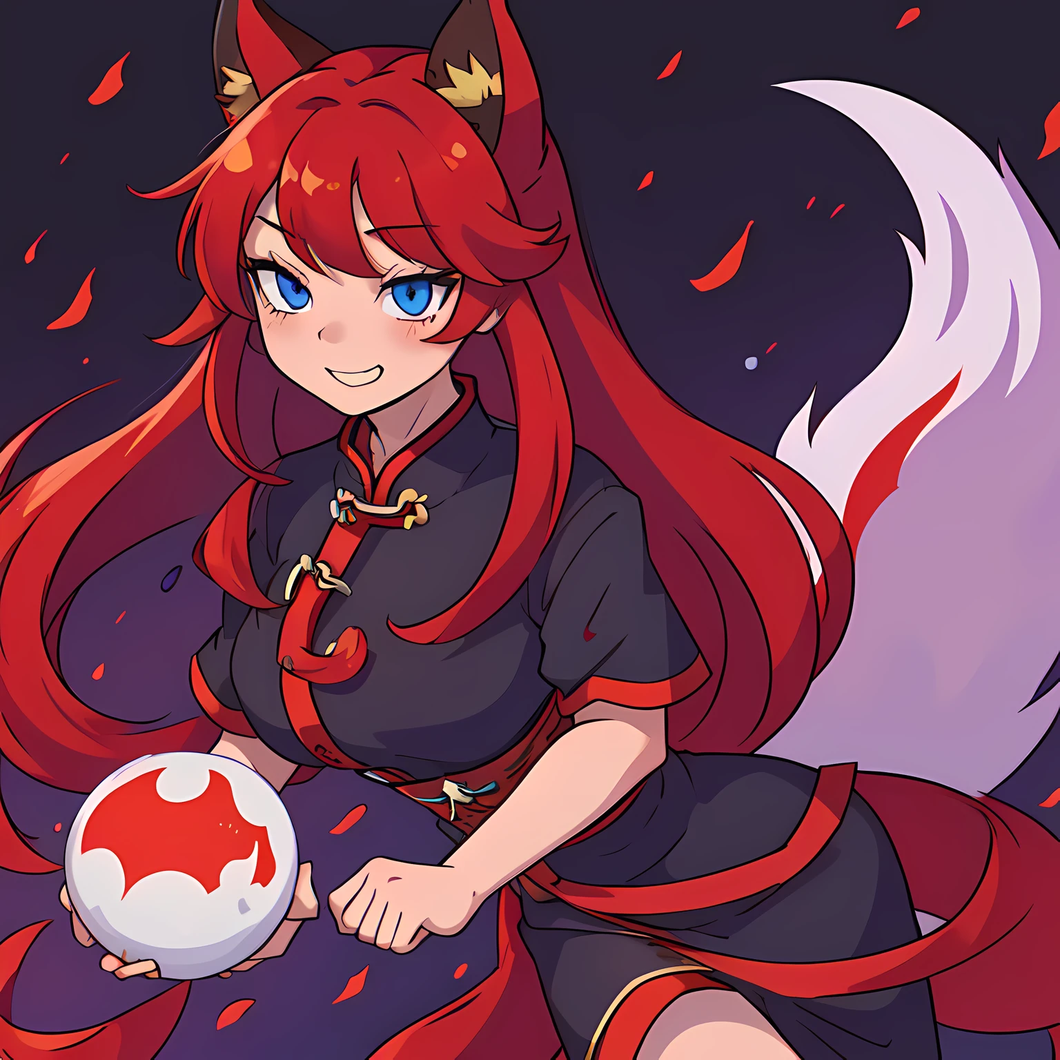 solo woman, kitsune woman (red skin), (blue eyes), fox ears (red ears), long hair, inner hair, (red hair), fox tail, (red tail), shy face, light smile, (purple and black clothes), QIPAO dress whit flounce,
