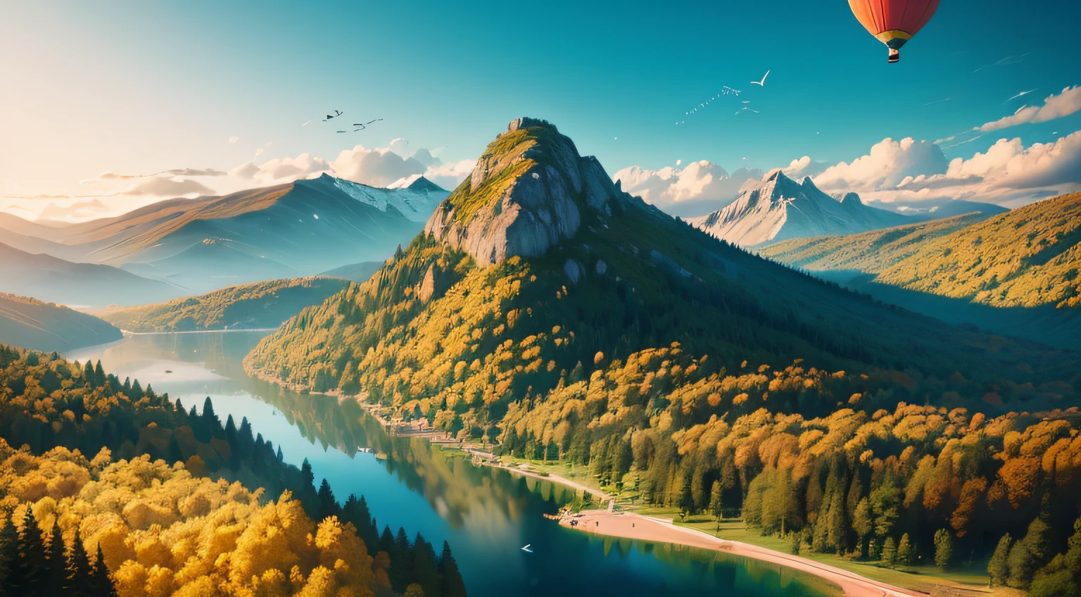 many birds flying next a Air yellow balloon, close-up, Pixar Movie Style, best quality, Cinematic Movie Still, very cute, amazing day, amazing forest, lake on ground, mountains on horizon, amazing sunset