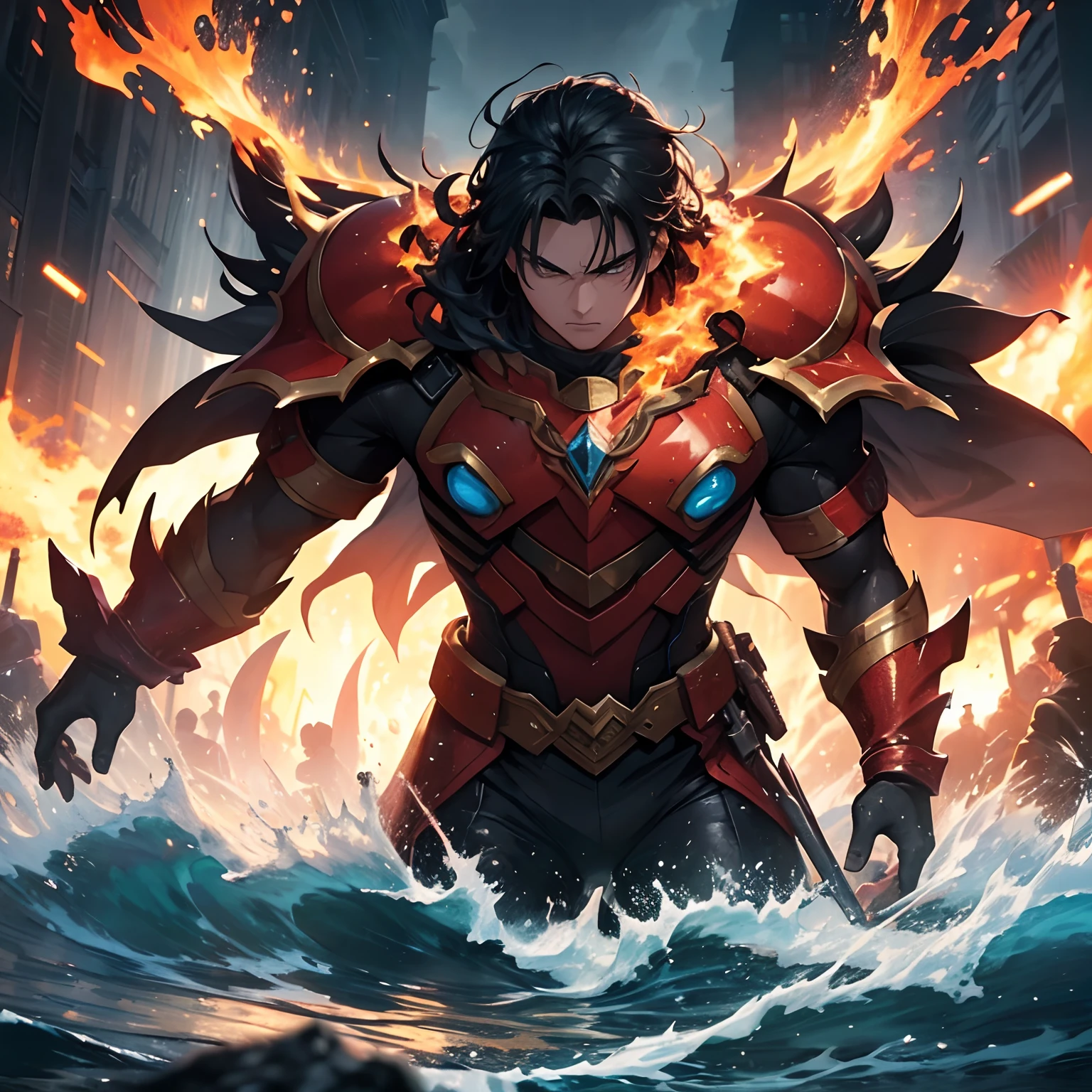 (fire hero vs water hero,epic battle),oil painting,detailed characters,captivating background,vibrant colors,high contrast lighting,mythical atmosphere,astonishing details,explosive energy,heroic poses,magic effects,traditional art style,riveting storyline,magical elements,cheering crowd,reflections in water,powerful techniques,cityscape on fire,torrents of water,fiery explosions,splashes of water,glowing embers,emotional intensity,powerful emotions,dynamic composition,hope and despair,ultimate showdown,bravery and determination