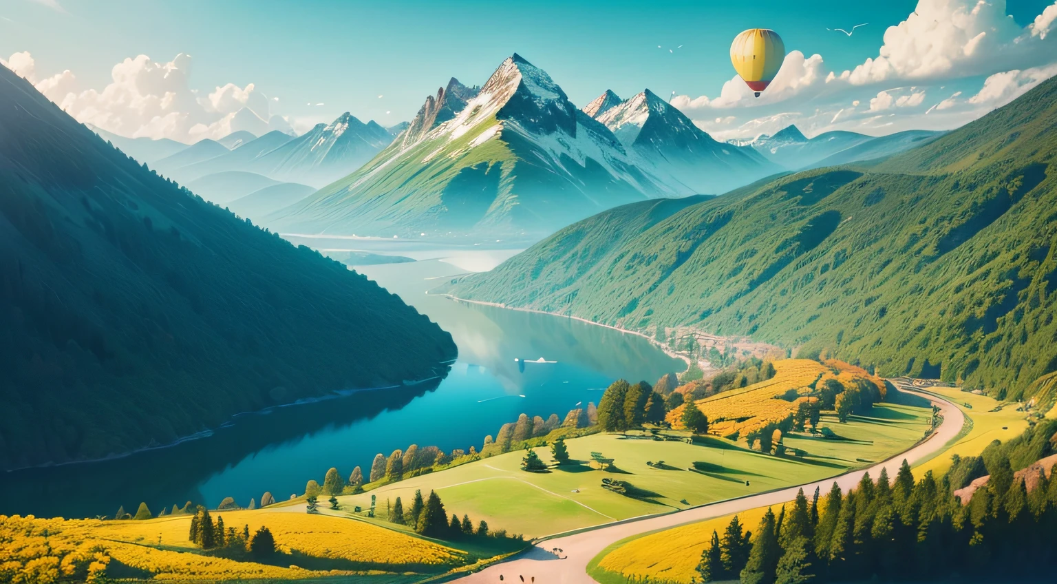 view of many birds flying next a Air yellow balloon, Pixar Movie Style, best quality, Cinematic Movie Still, very cute, amazing day, lightgreen forest, lake on ground, mountains on horizon