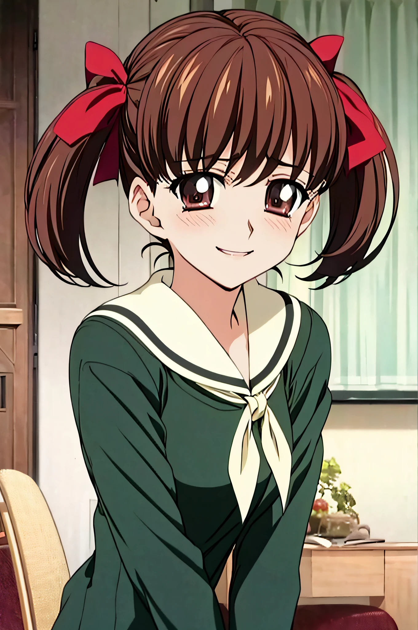 lillian_girls'_academy_uniform, fukuzawa_yumi, red_ribbon, long_sleeve, brown_hair, twintails