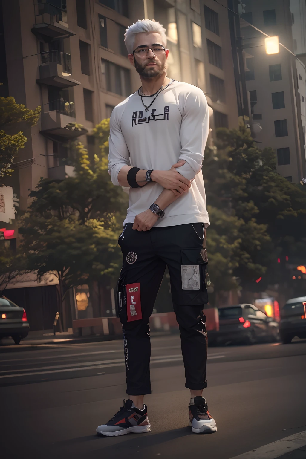 1man, full body, short white hair, muscular, beard, Streetwear,cargo pants, necklace,taiwan, street, (masterpiece, best quality, highres, ultra detailed ), night , depth of field, glasses,