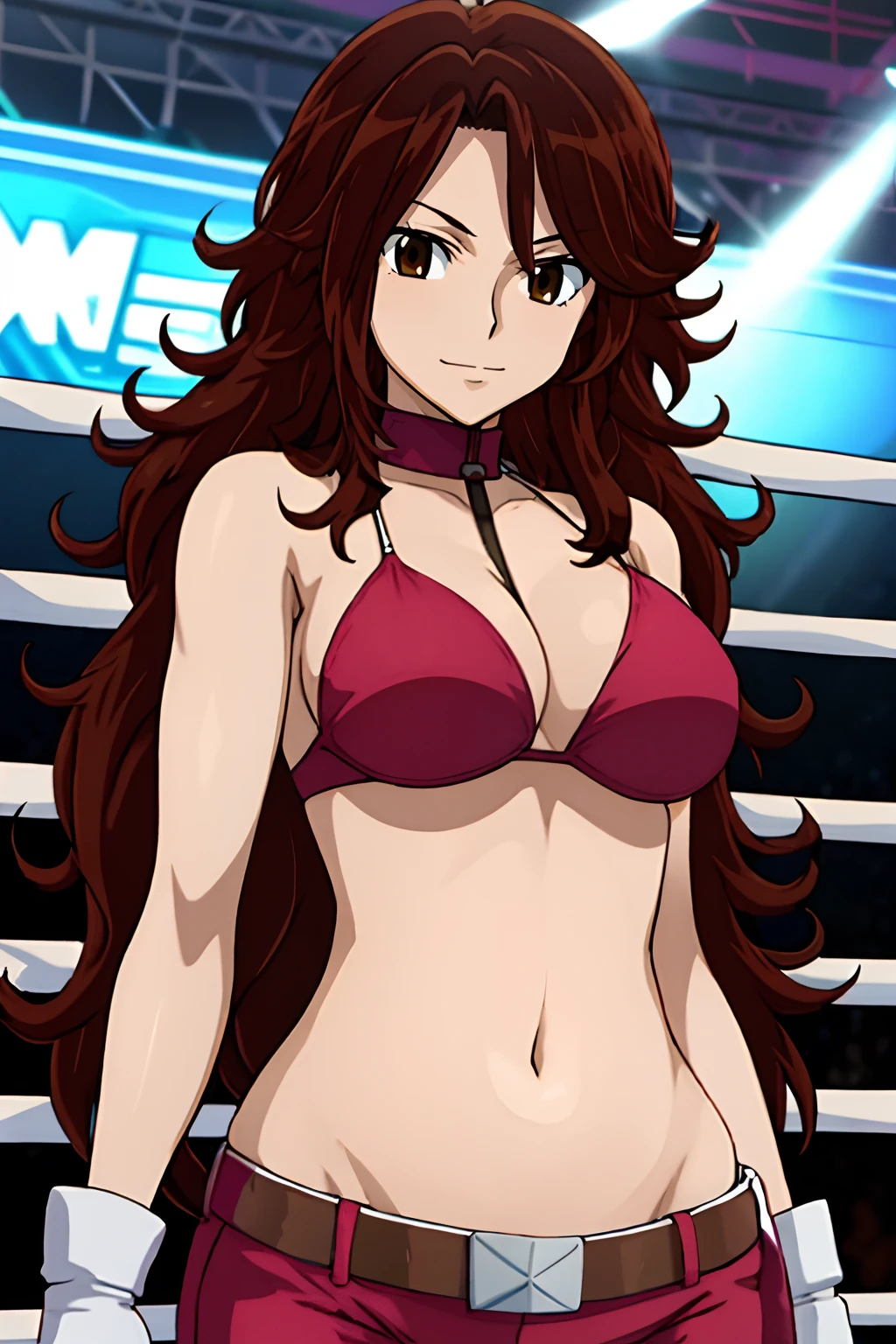 curvy belly, titration screen,, Elegant lady, (upper body only), anime style: 1.8, anime drawing, ultra detailed face, ultra detailed body, 4k, Sumergai Lee Noriega, (standing), best quality, anime style, hires, highest definition, digital blending, bold drawing lines, ((wwe diva), (location: wrestling arena, crowds watching), ( big shoulders, slim body, (wrestler body, thick arms, detailed biceps), , broad shoulders, closed fists, (very curvy: 2.8)), ((white bikini, only, white gloves, collar, hand protector, (champion belt on bare belly))), loser, defeated, sad, (pale skin, big breasts, smile), (big eyes, brown eyes), (clapping), ( brown hair, loose hair, curly hair, wavy hair, long hair, missy hair), 27 years old,