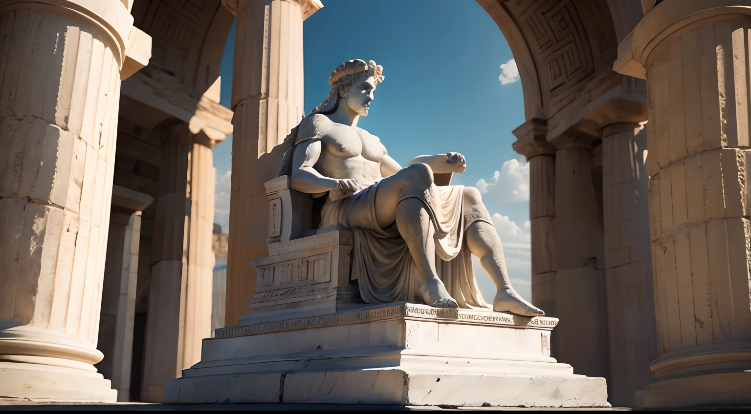 Ancient Greek statue with angry expression, Outside, com rosto extremamente detalhado full body view, Colors with low saturation with dark tone, Filmado em Sony A7S III com Sony FE 35mm f/1.8, 12.1 MP, --AR 3:2 --estilo cru