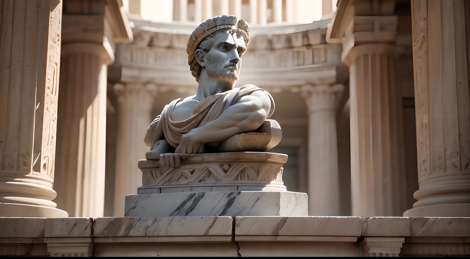 Ancient Greek statue with angry expression, Outside, com rosto extremamente detalhado full body view, Colors with low saturation with dark tone, Filmado em Sony A7S III com Sony FE 35mm f/1.8, 12.1 MP, --AR 3:2 --estilo cru