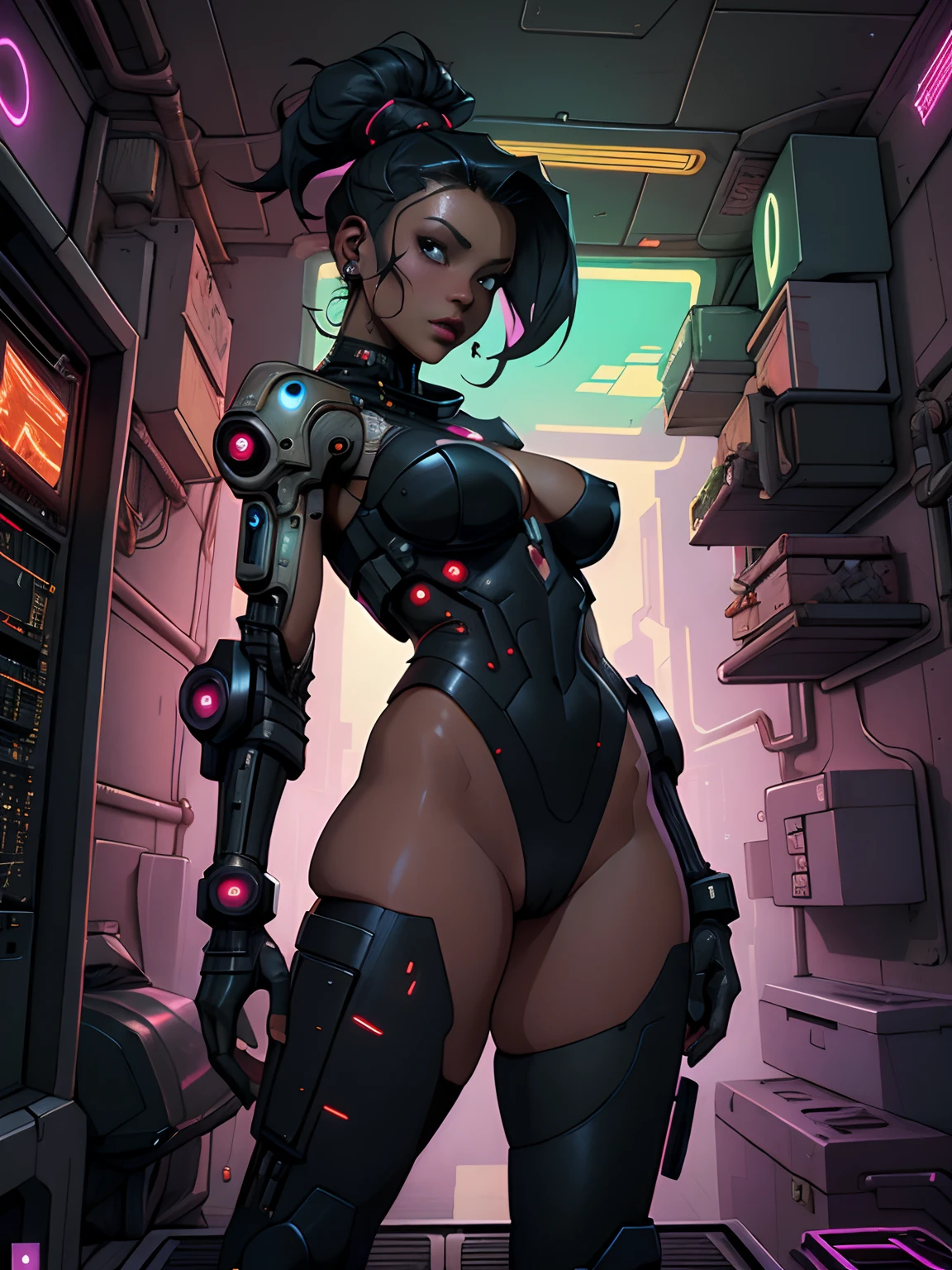 ((nsfw cyber punk Mulher negra de 30 anos)), (qualidade superior、8k、32k、obra prima, NSFW)、The ultra-A high definition、Fotorrealista:1.4、Fotografia RAW, a parte superior do corpo, Figura perfeita encantadora, actionpose:1.2, Moda cyberpunk detalhada, Mundo de Cyberpunk, profundidade de campos, Space station orbiting a dead dwarf star, nsfw