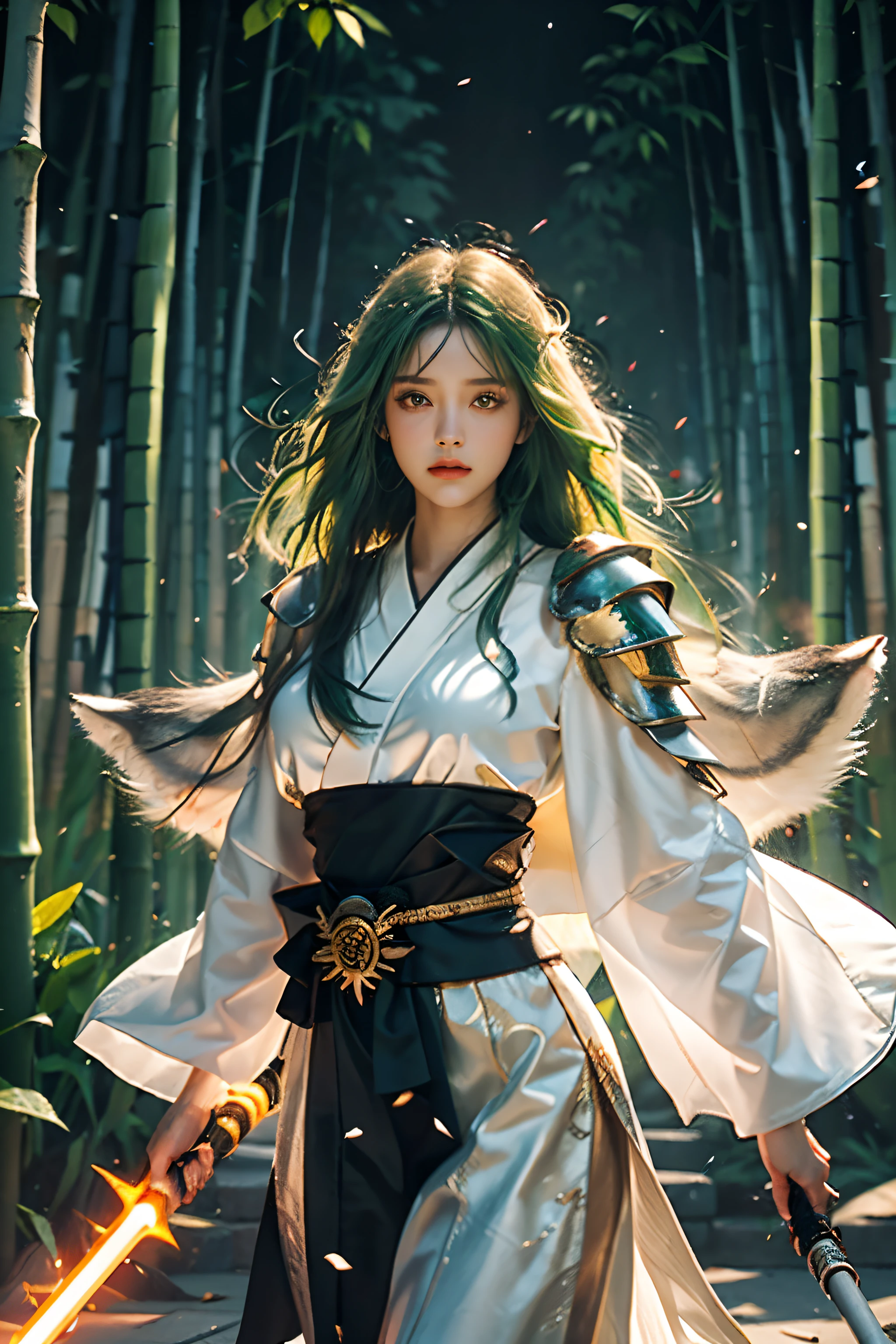 a beautiful detailed girl, Clear and beautiful, focus on the character, Radiant skin, femele, 20yr old, ((Long green hair：2))，Beautiful green glass hair, ((wielding lightsaber：2))， ((Japan shrine attire, Metal armor，2 clothing colors, White background, Orange pattern)) ，((autumnal，Green bamboo forest))， (((Next to the woman is a huge white wolf：2))) ，Beautiful details, Cold face, Cold expression, Big breasts beautiful meticulous eyes, mature skin, Very good 8KCG wallpaper,  offcial art， ultra - detailed， Beauty and aesthetics， big breasts beautiful， tmasterpiece， Best quality at best， （Zen entanglement，  Tangled）（Falling flowers：1.2）， 详细的脸，Stoic expression，dynamicposes，green flowing hair，Classical era，（"Ancient Rome" Theme：1.1），Roman mythology，Roman， Capua， Old vineyard， oracle， cloaks， Iron fittings， ancient themes， （Prosperous Civilization：1.1）， Original white marble， （Intact：1.1） Marble building， hills in the background， braziers， Burning embers， the night， darkly， As estrelas， Halo， Majestic atmosphere， Floating stone particles， sportrait， The wind rotates