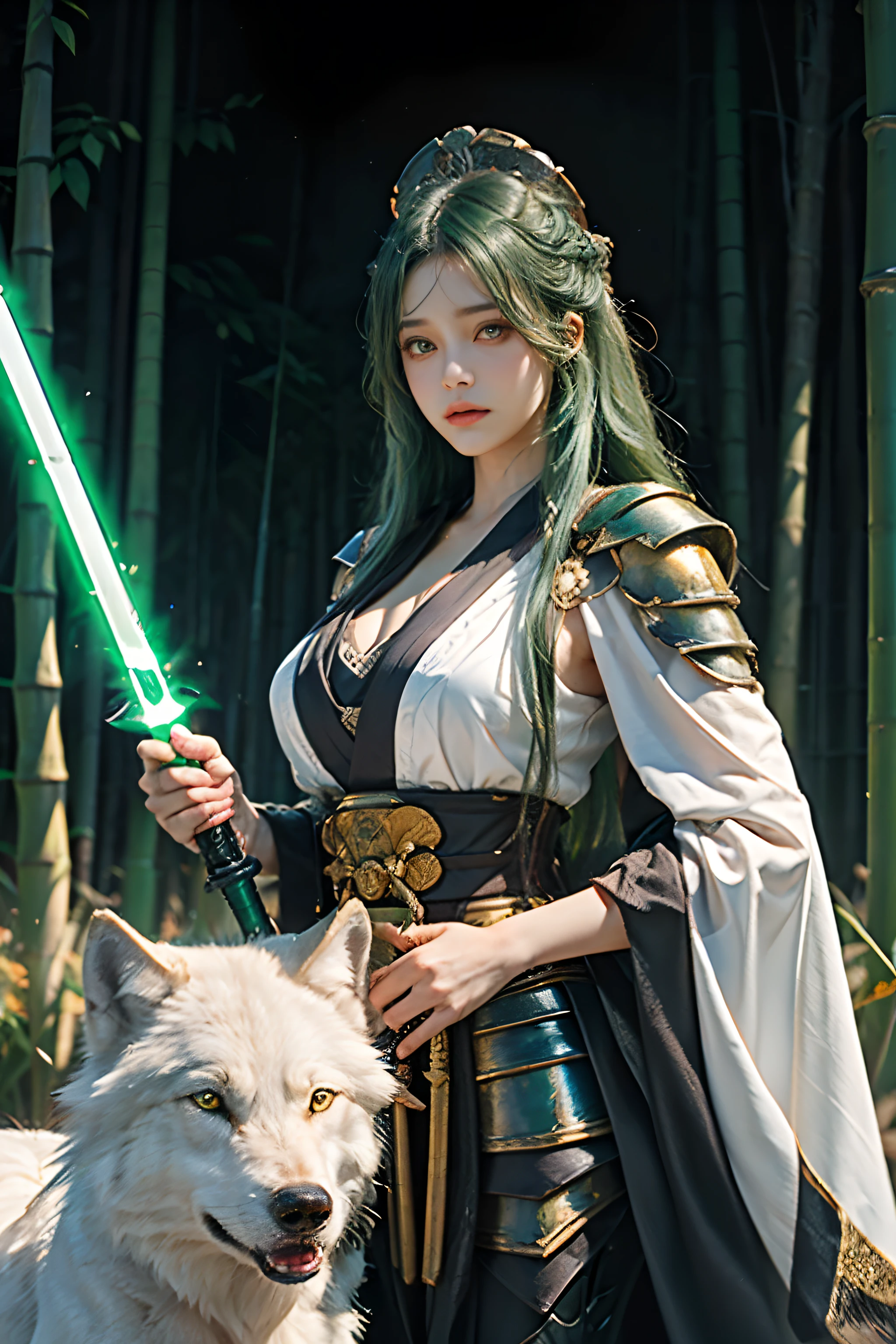 a beautiful detailed girl, Clear and beautiful, focus on the character, Radiant skin, femele, 20yr old, ((Long green hair：2))，Beautiful green glass hair, ((wielding lightsaber：2))， ((Japan shrine attire, Metal armor，2 clothing colors, White background, Orange pattern)) ，((autumnal，Green bamboo forest))， (((Next to the woman is a huge white wolf：2))) ，Beautiful details, Cold face, Cold expression, Big breasts beautiful meticulous eyes, mature skin, Very good 8KCG wallpaper,  offcial art， ultra - detailed， Beauty and aesthetics， big breasts beautiful， tmasterpiece， Best quality at best， （Zen entanglement，  Tangled）（Falling flowers：1.2）， 详细的脸，Stoic expression，dynamicposes，green flowing hair，Classical era，（"Ancient Rome" Theme：1.1），Roman mythology，Roman， Capua， Old vineyard， oracle， cloaks， Iron fittings， ancient themes， （Prosperous Civilization：1.1）， Original white marble， （Intact：1.1） Marble building， hills in the background， braziers， Burning embers， the night， darkly， As estrelas， Halo， Majestic atmosphere， Floating stone particles， sportrait， The wind rotates