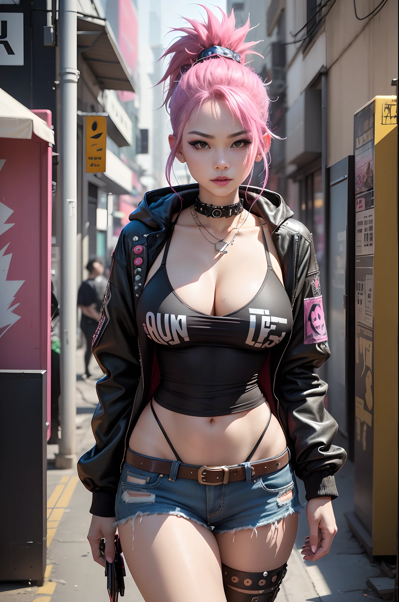 (8K,masuter piece:1.2、top-quality)、(Live action、Intricate details)、(1 milf、独奏、The upper part of the body、Colossal tits) Pink Cyberpunk Costume、enticing　Avant-garde、Experimental appearance: Pink Mohawk、real looking skin　Dramatic makeup、: enticing,Sexy costume,Pink shorts,Anti-system、Provocative Location: urban art district、A smile　Underground Music Scene Hobbies: Take part in punk shows、Create mixed media art、Experiment with different subcultures values: individuality、authenticity、Creative Expression Inspiration: Punk rock music、Counterculture icons、avant-garde art movements Personality traits: boldness、boldness、Unconventional。