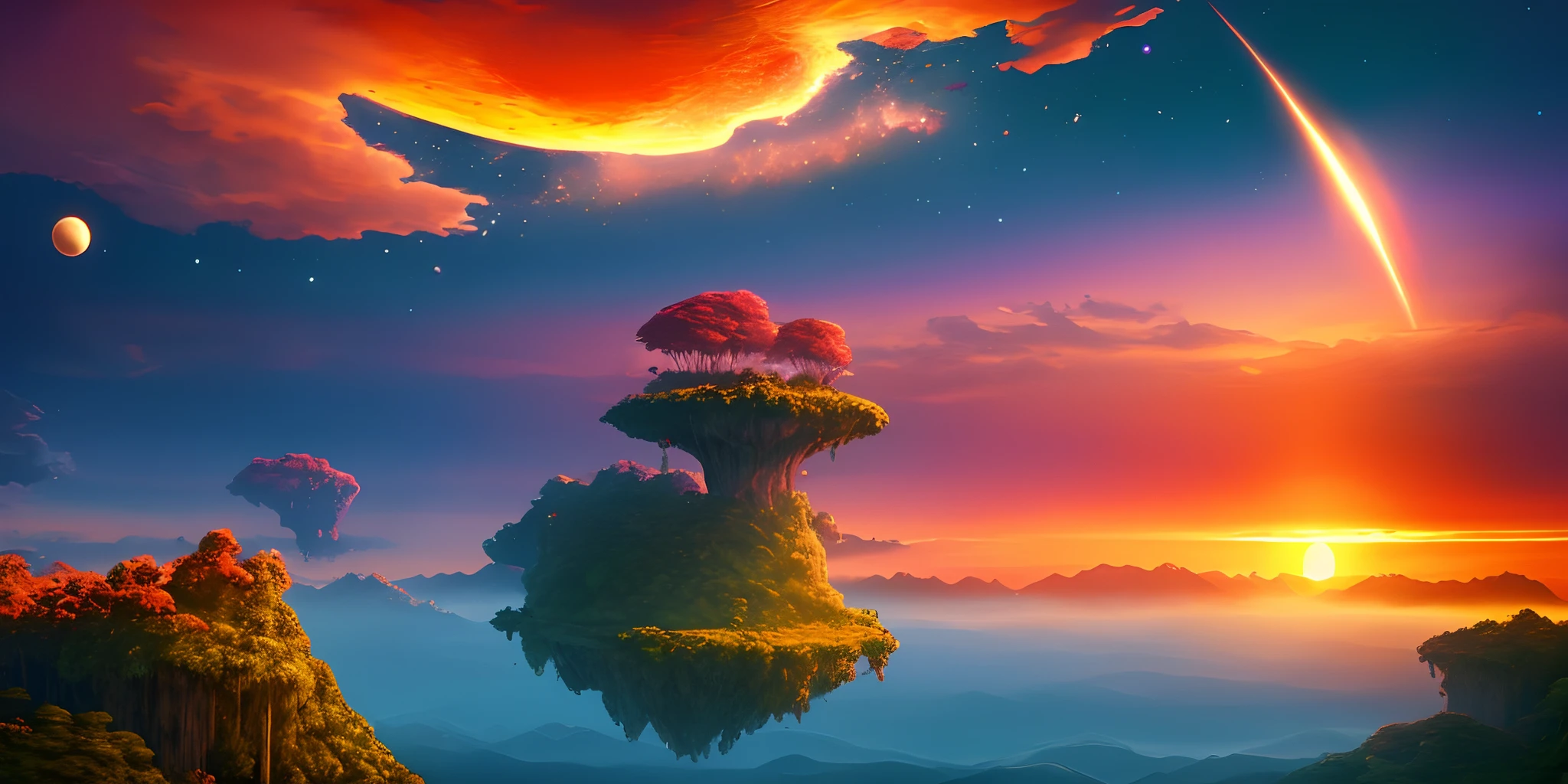 fantasy world red gradient sunset, floating islands, space view comets, jungles, birds