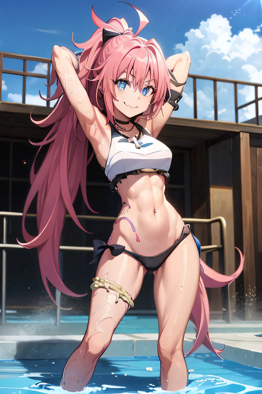 ((female)), (very messy hair), (happy smile), Fangs, ((ripped abdomen)), toned arms and legs, medium breasts, (In the pool), blue eyes, yacht in the background, standing, barefoot , full body photo