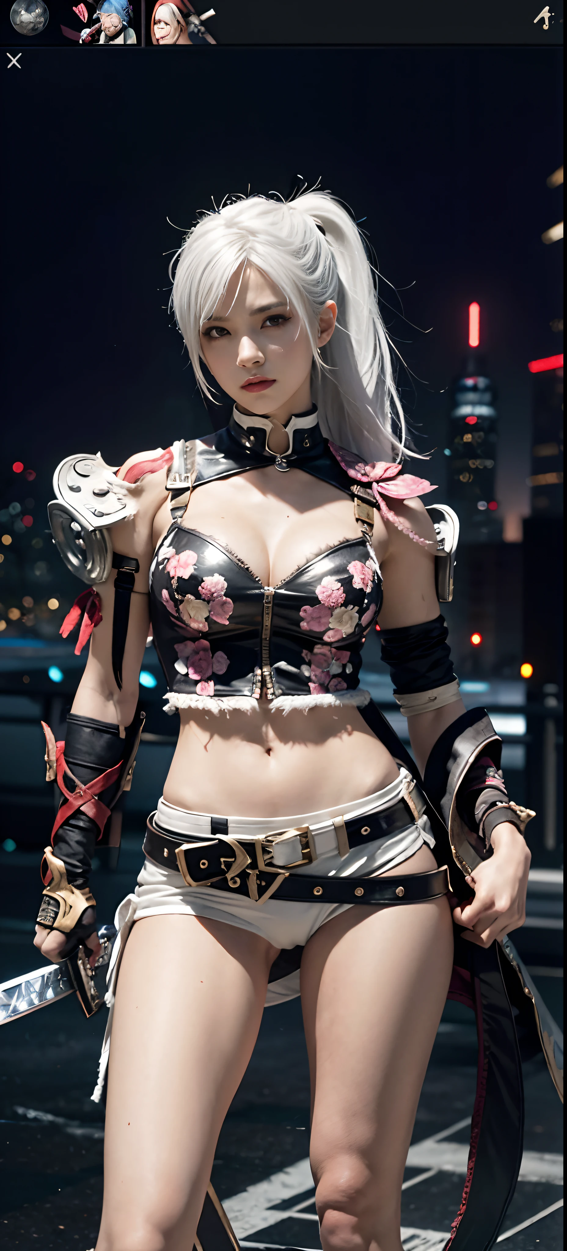 a close up of a person in a costume with a sword, as a character in tekken, female character, tifa lockhart with white hair, katana zero video game character, lunar themed attire, kda, slim body, cyborg - girl with silver hair, upper body avatar, (( medium breast;1.2)), fashion gameplay screenshot, fighting game character, new character, floralpunk elysian maiden, sigma female