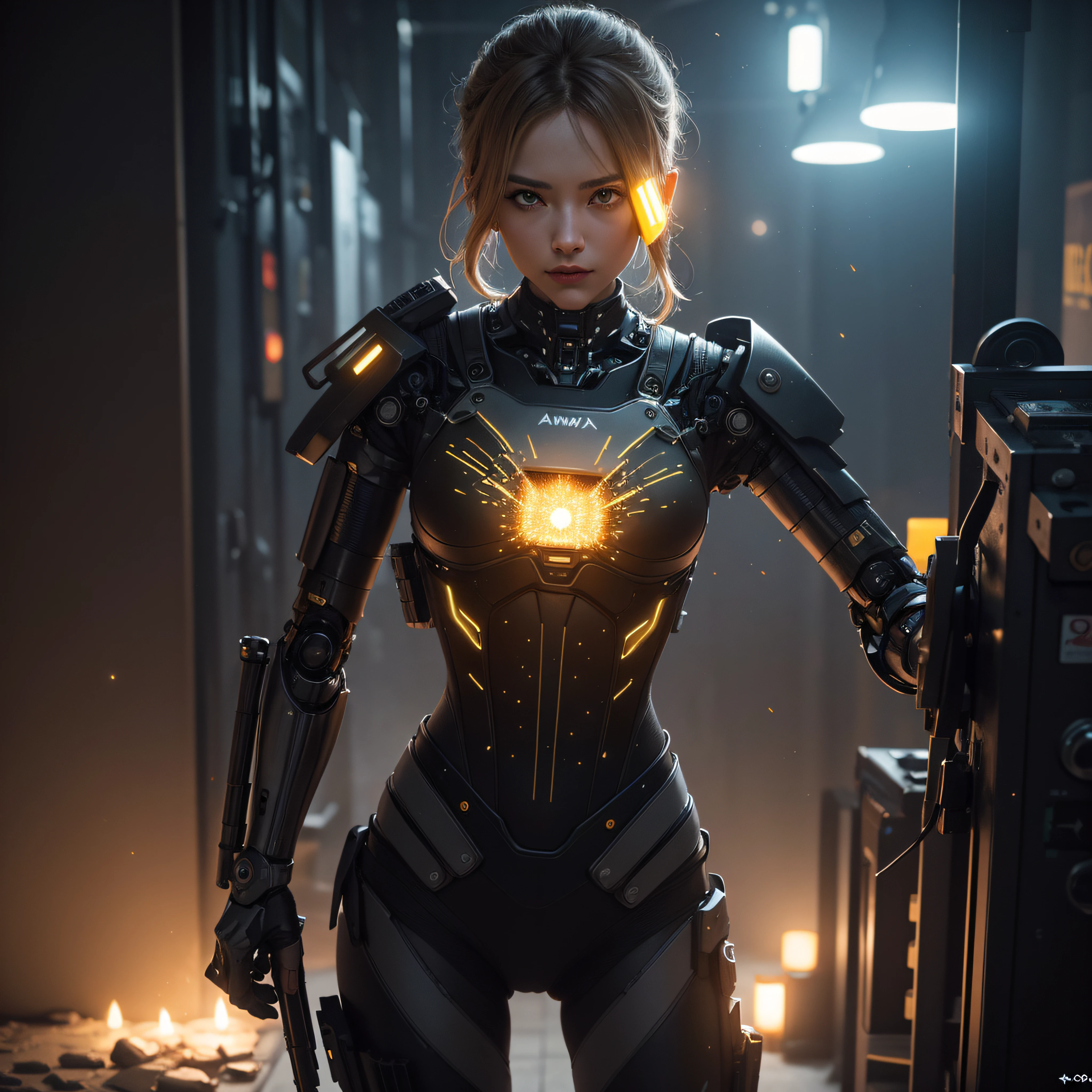 ((calidad superior)), ((obra maestra)), ((realista)), (Los detalles), (fotorrealista:1.5), Science-Fiction, HDR, Trazado de rayos, NVIDIA RTX, Los ultra-Highres, Irreal 5, Sub-Surface Scatterring, PBR texturizado, Post-procesamiento, Anisotropic filtering, Profundidad de campos, maximum sharpness and sharpness, Regla de los tercios、8K RAW、(Luminescent Particles:1.4)、(super-detailed CG、Unidad 8k Fondos de pantalla、lighting like a movie、destello de lente、foco nítido. Girl with yellow corset, Robotic Parts, Cannon fire, guerra urbana, Armas, pistola, Arte cyberpunk、arquitectura cyberpunk