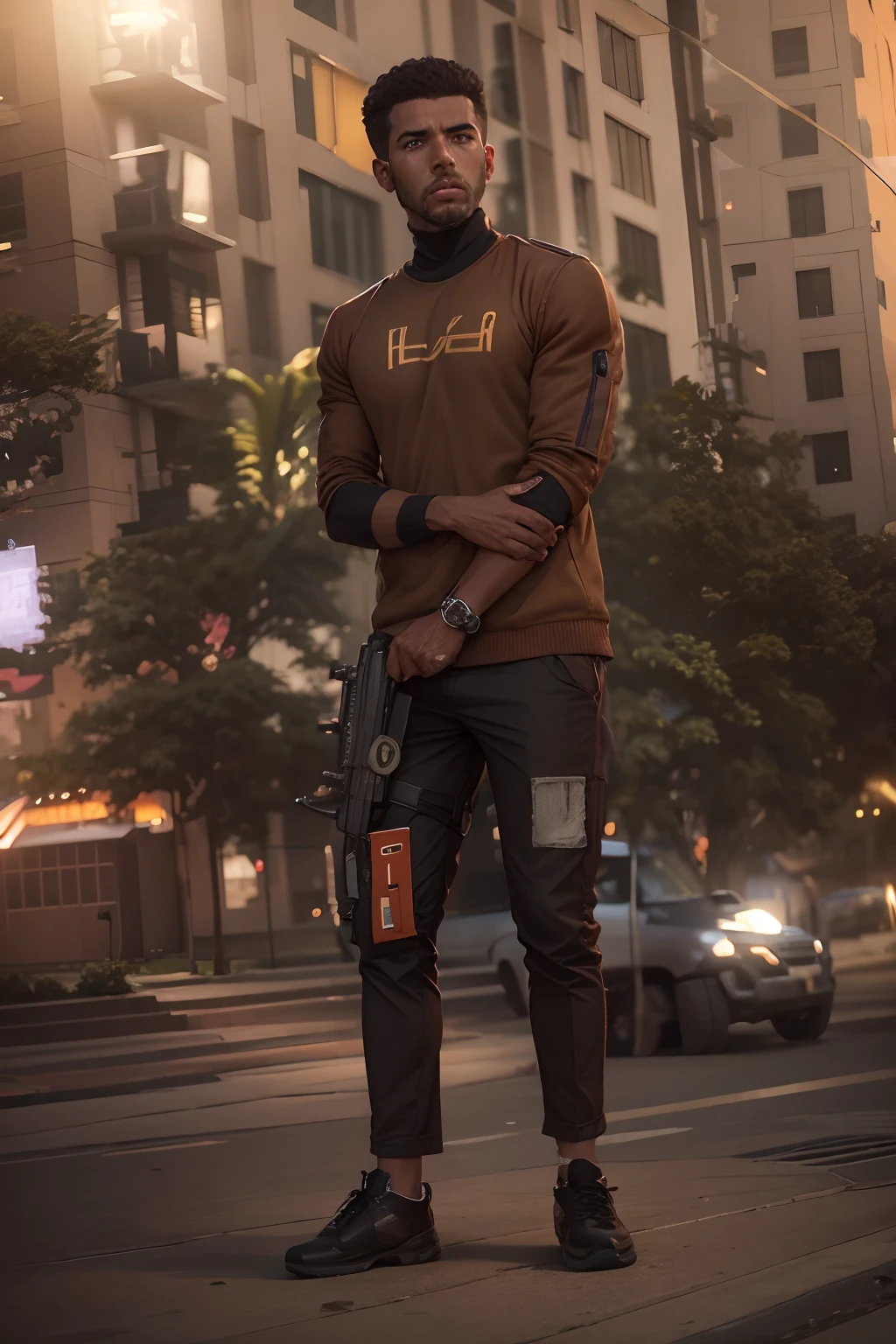 urban center，male people，Handsome，with a determined look in his eyes，looking at viewert，Take an AK47 rifle，self-assured，Wear a brown jacket，Ultra-high resolution，8K，photography of，officla