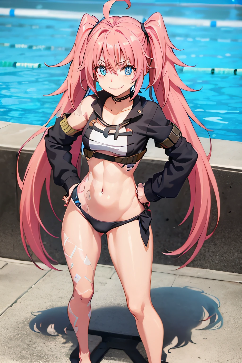 ((female)), (very messy hair), (happy smile), Fangs, pigtails, ((ripped abdomen)), toned arms and legs, medium breasts, (In the pool), blue eyes, yacht in the background, in standing with hands on hips, barefoot, full body photo