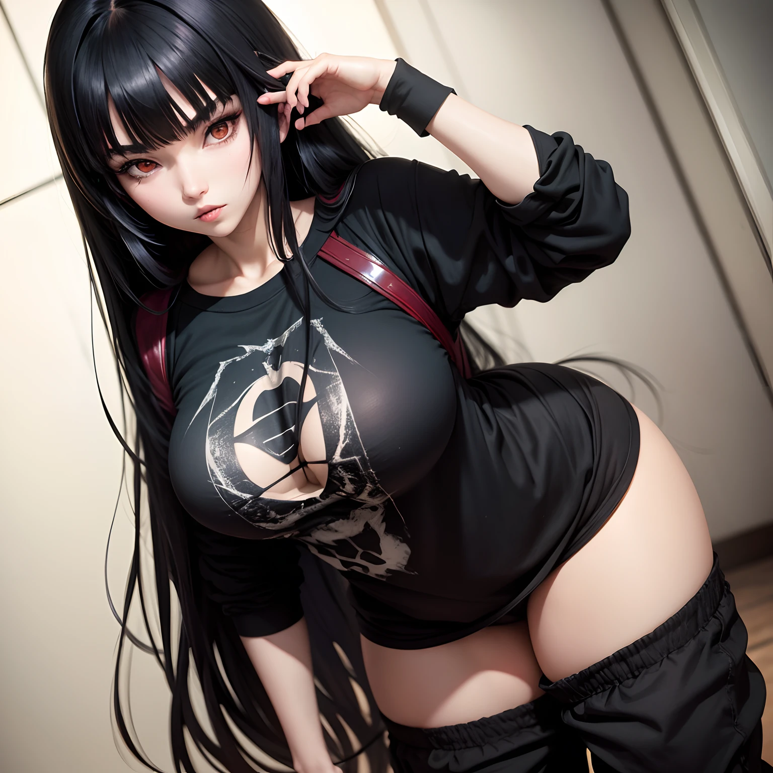 Anime vampire with long black hair and bangs with big boobs wearing baggy black pants and an death note t shirt that is also baggy