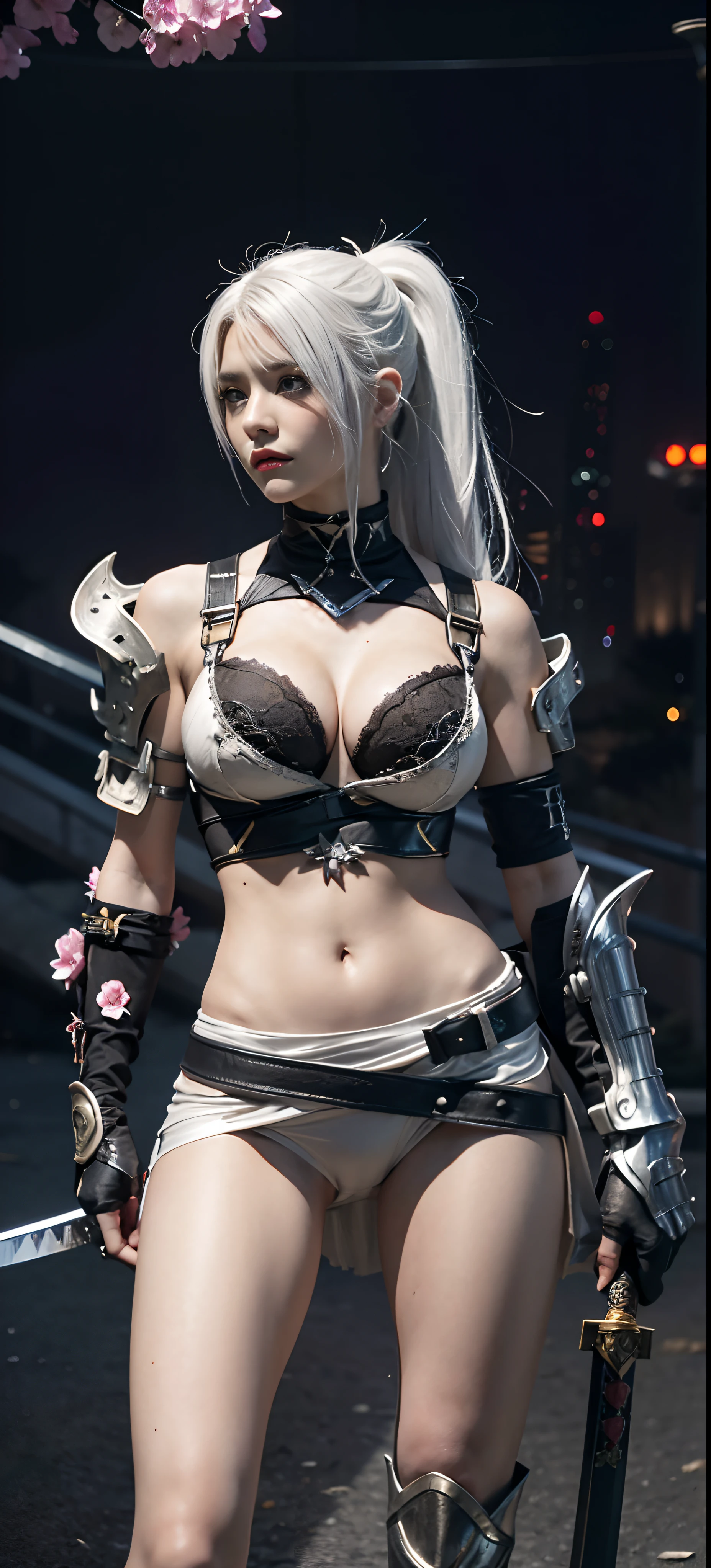 a close up of a person in a costume with a sword, as a character in tekken, female character, tifa lockhart with white hair, katana zero video game character, lunar themed attire, kda, slim body, cyborg - girl with silver hair, upper body avatar, (( medium breast;1.2)), fashion gameplay screenshot, fighting game character, new character, floralpunk elysian maiden, sigma female