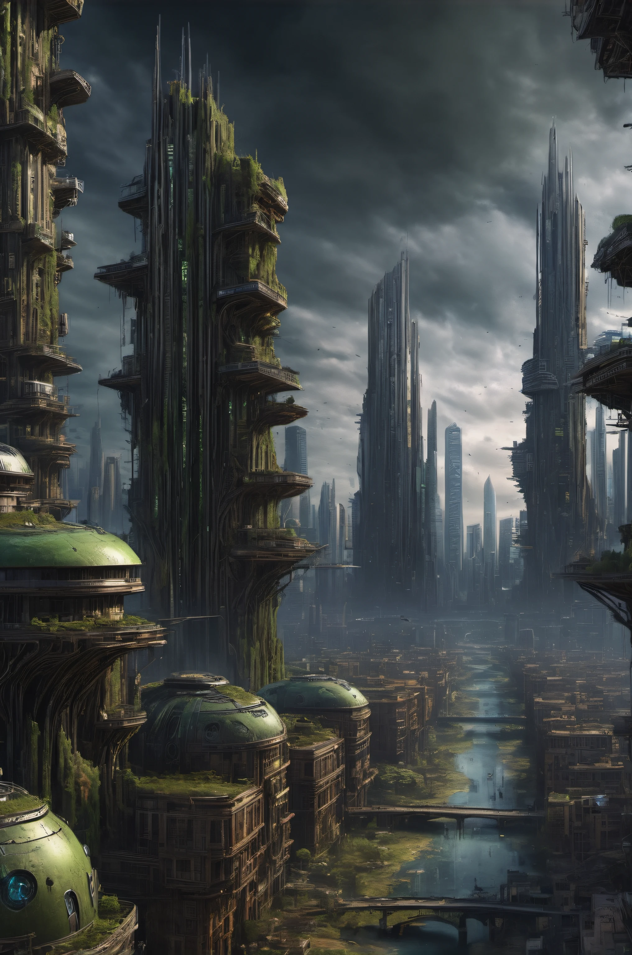 A futuristic city with a river and a bridge flowing through it, В Fantasy Sci - Fi City, ancient sci - fi city, Futuristic dystopian city, Sci-fi city, Sci-fi city, Alien City, Alien cityscape, Dystopian city, science fiction city, A futuristic alien city, Futuristic utopian metropolis, A huge futuristic temple city, Otherworldly futuristic city